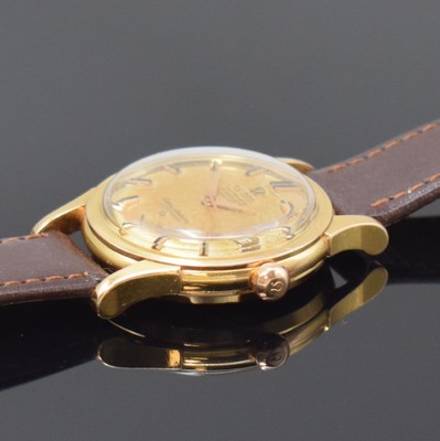 26715841b - OMEGA Constellation 18k yellow gold chronometer wristwatch reference 2943/2954 SC, Switzerland around 1956, self winding, snap on case back with representation observatory, silvered dial patinated/spotty, applied hour- indices, gilded hands, date at 3, copper coloured movement calibre 504, 24 jewels, 5 adjustments, diameter approx. 34,5 mm, signs of use, overhaul recommended at buyer's expense, condition 3