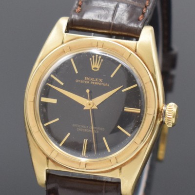26715844a - ROLEX Oyster Perpetual Bubble Back Chronometer-Armbanduhr in GG 585/000 mit sehr seltenem original Zifferblatt Referenz 5015