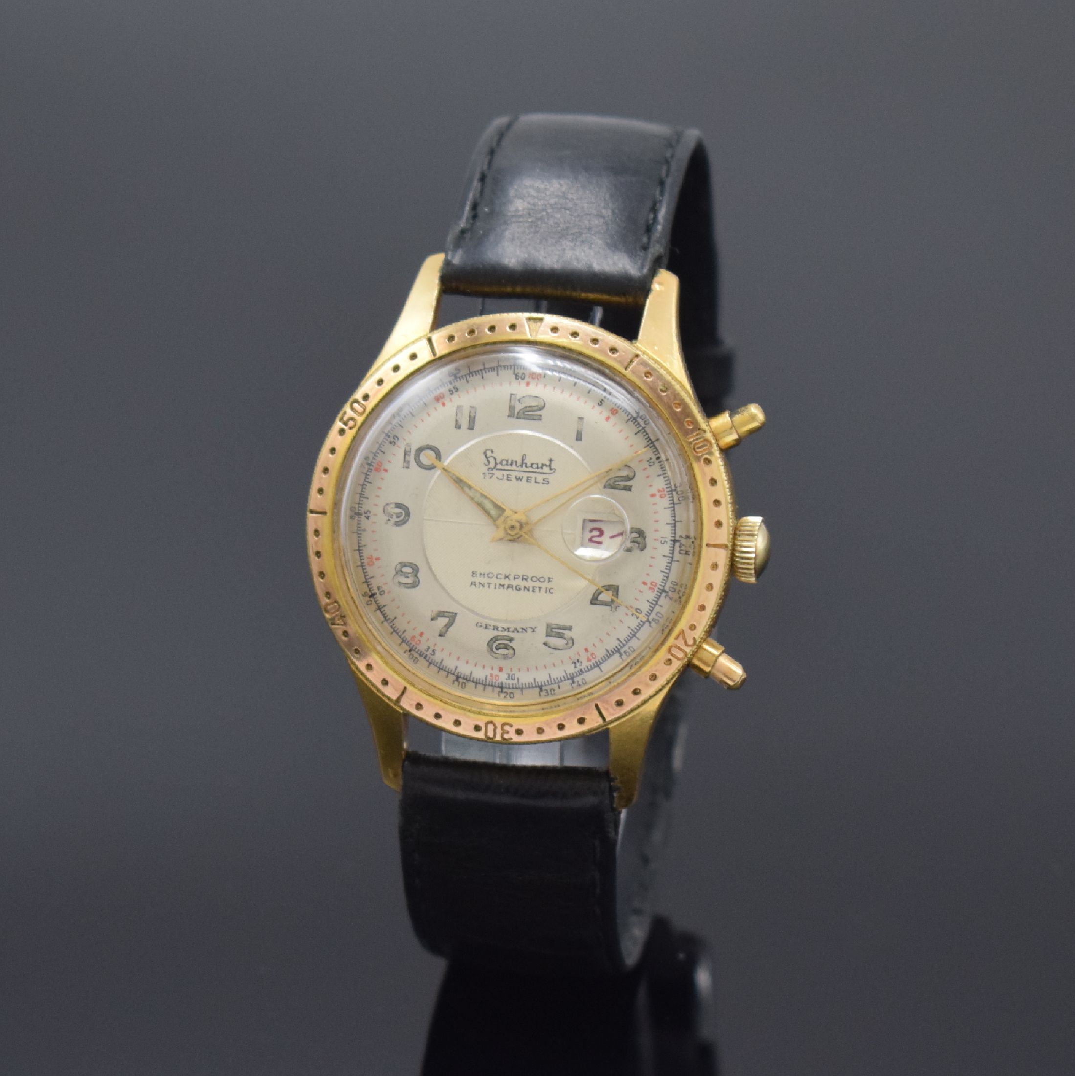 HANHART seltener Flyback-Chronograph, Deutschland 1950er Jahre, Handaufzug, verg. Metallgeh., Boden verschr. (Gewinde def./abgenutzt), Lün. m. 60er ...
