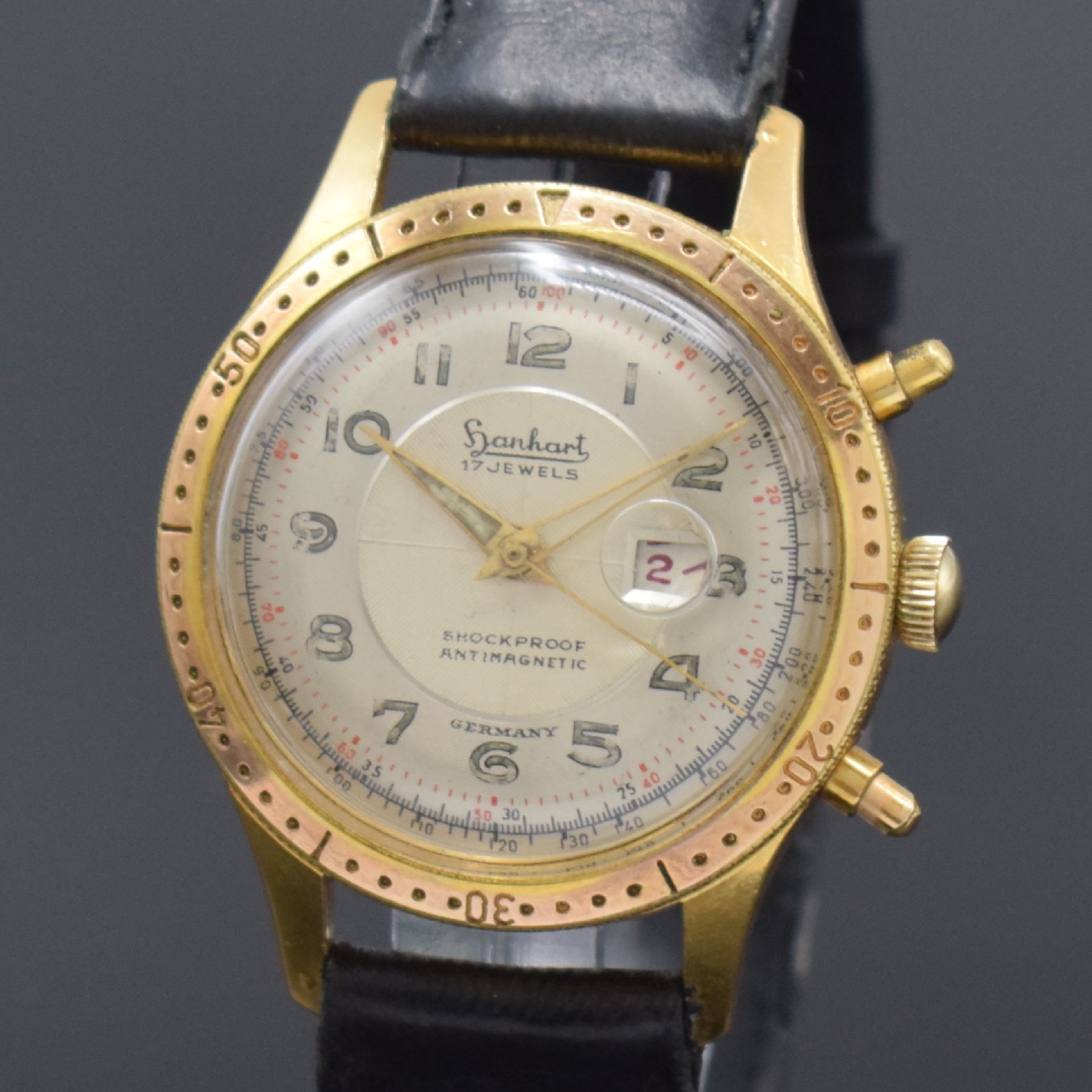 Detail a: HANHART seltener Flyback-Chronograph, Deutschland 1950er Jahre, Handaufzug, verg. Metallgeh., Boden verschr. (Gewinde def./abgenutzt), Lün. m. 60er ...