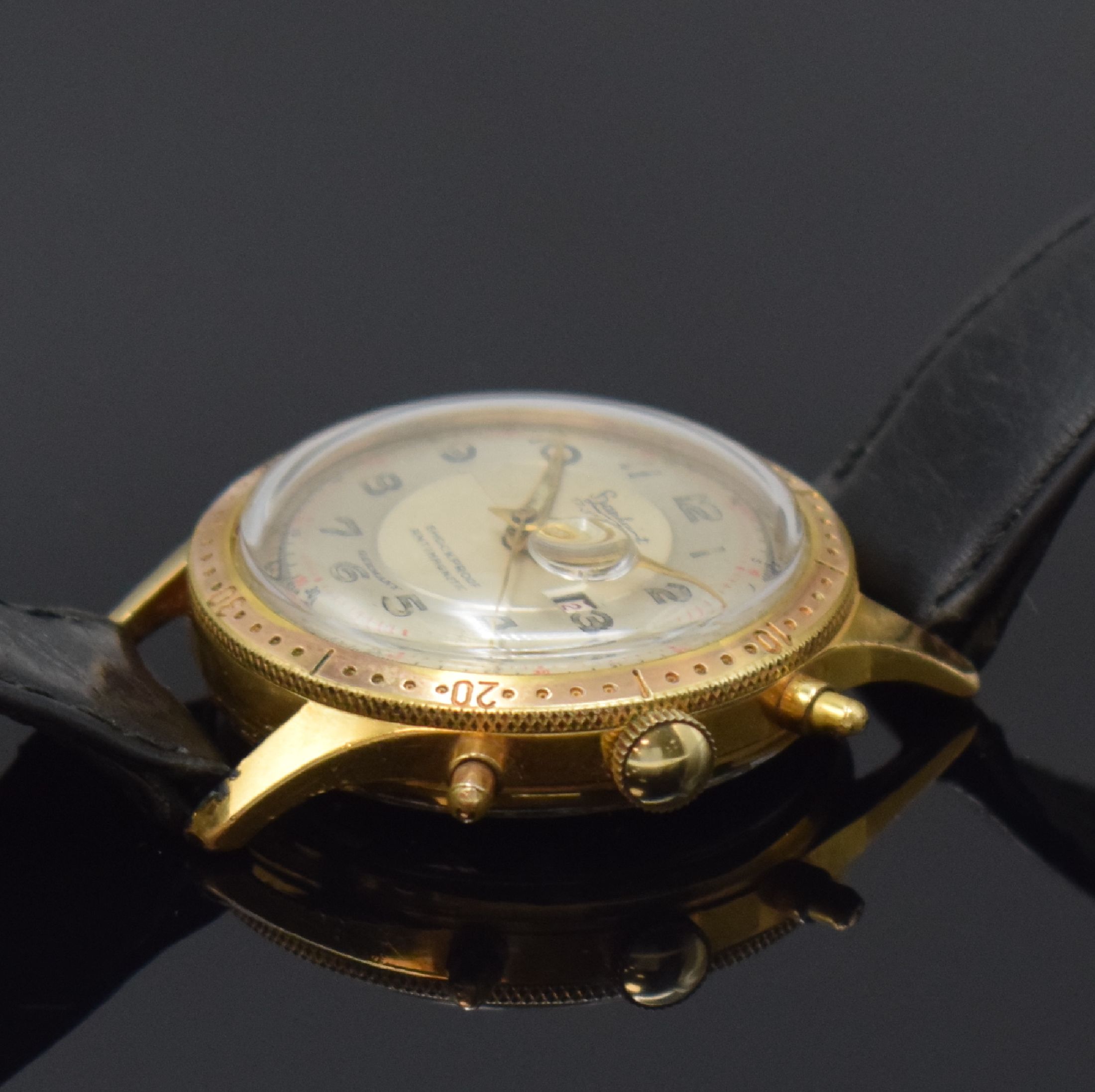 Detail b: HANHART seltener Flyback-Chronograph, Deutschland 1950er Jahre, Handaufzug, verg. Metallgeh., Boden verschr. (Gewinde def./abgenutzt), Lün. m. 60er ...