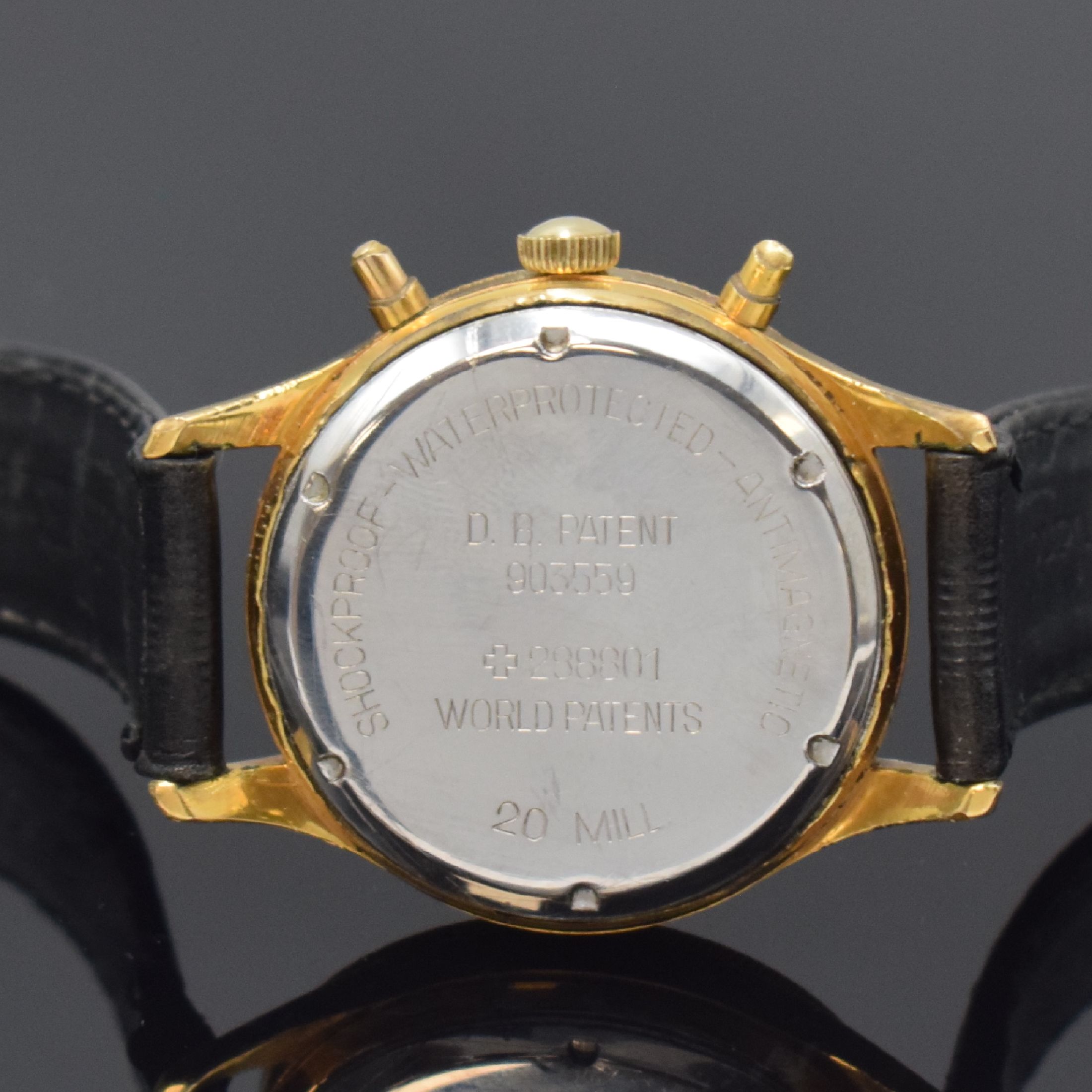 Detail c: HANHART seltener Flyback-Chronograph, Deutschland 1950er Jahre, Handaufzug, verg. Metallgeh., Boden verschr. (Gewinde def./abgenutzt), Lün. m. 60er ...