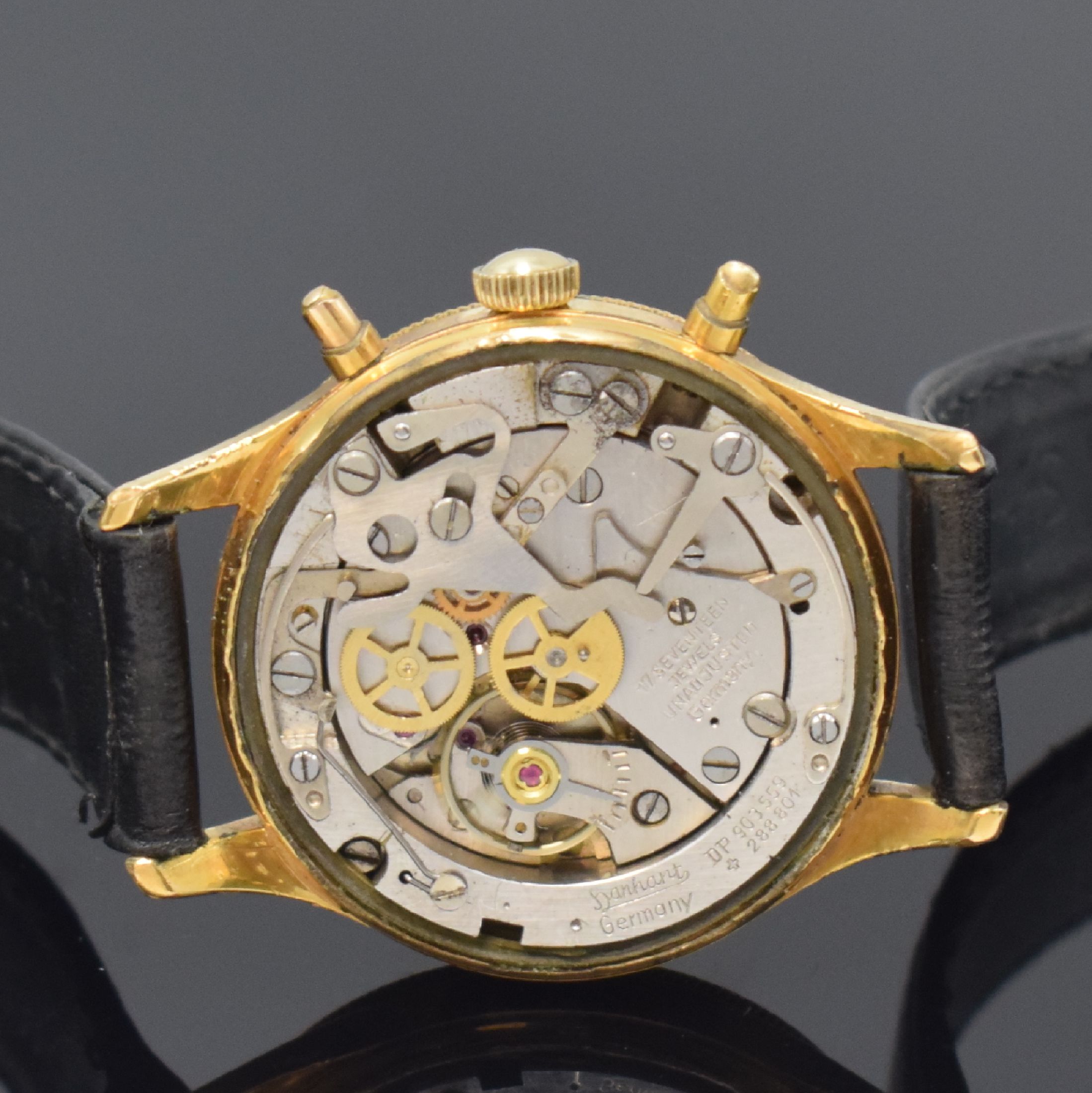 Detail d: HANHART seltener Flyback-Chronograph, Deutschland 1950er Jahre, Handaufzug, verg. Metallgeh., Boden verschr. (Gewinde def./abgenutzt), Lün. m. 60er ...