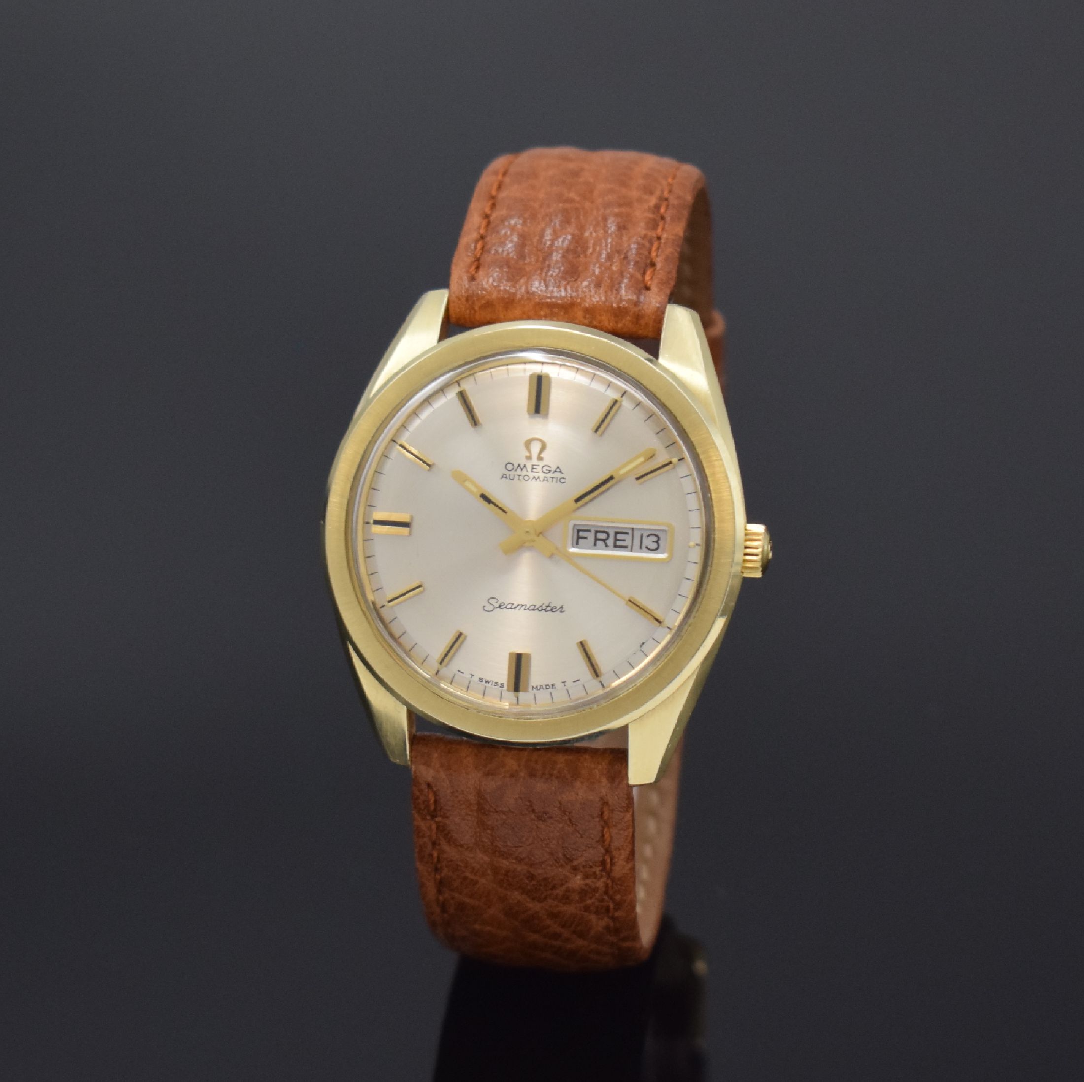 OMEGA Seamaster Herrenarmbanduhr Referenz 166.032/168.023, Schweiz um 1968, Automatik, Stahlgeh. mit Goldhaube, Boden mit Seepferdchendarst verschr., ...