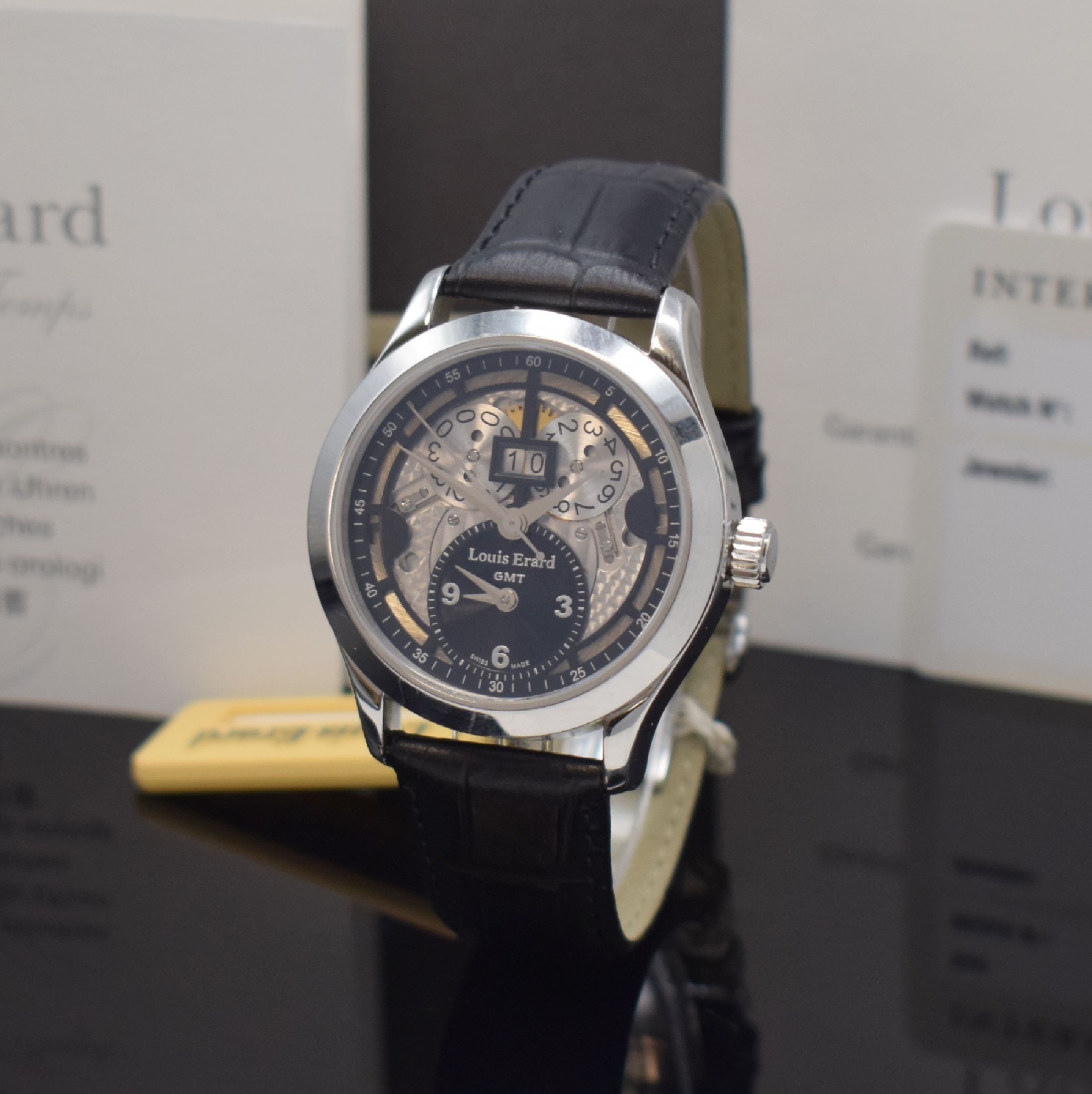 LOUIS ERARD Herrenarmbanduhr 1931 GMT Skeleton Big Date Referenz 94205AA02, Automatik, Edelstahlgeh. inkl. orig. Lederband m. dopp. Faltschl., beids. ...