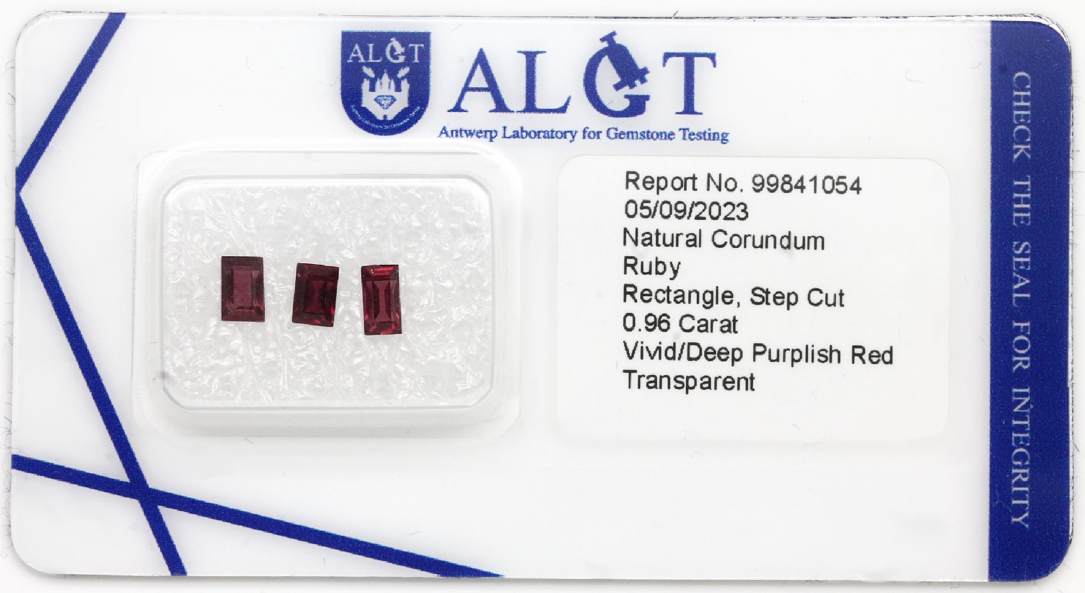 Lot 3 lose facett. Rubine, zus. 0.96 ct, Rechteck, Vivid/Deep Purplish Red, transparentALGT Expertise anbei