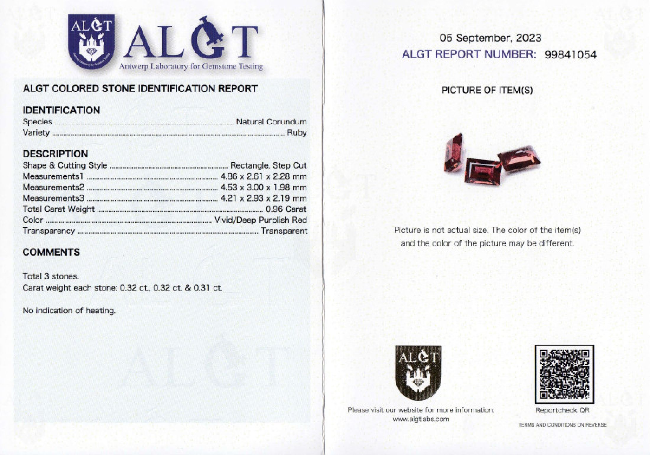 Detail a: Lot 3 lose facett. Rubine, zus. 0.96 ct, Rechteck, Vivid/Deep Purplish Red, transparentALGT Expertise anbei