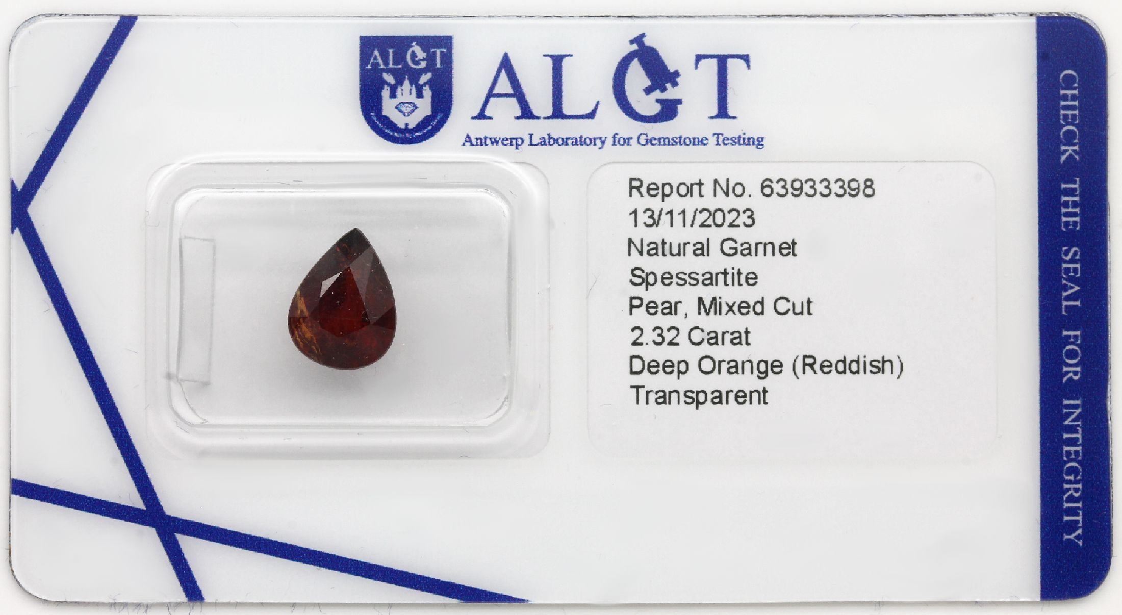 Loser Spessartit, 2.32 ct, facett. Tropfen,Deep Orange, transparent, ALGT Expertise anbei