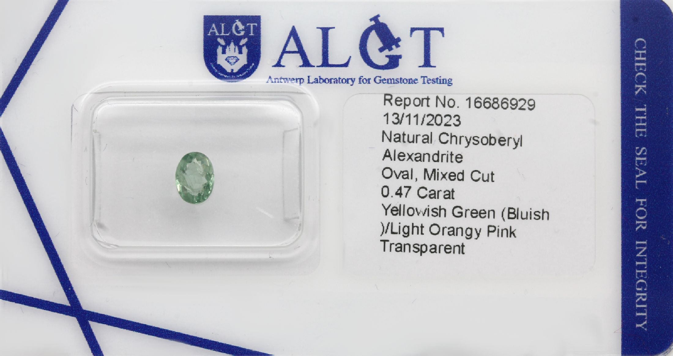 Loser facett. Chrysoberyll Alexandrit, 0.47ct, oval, Yellowish Green (Bluish)/Light Orangy Pink, transparent, ALGT Expertise anbei