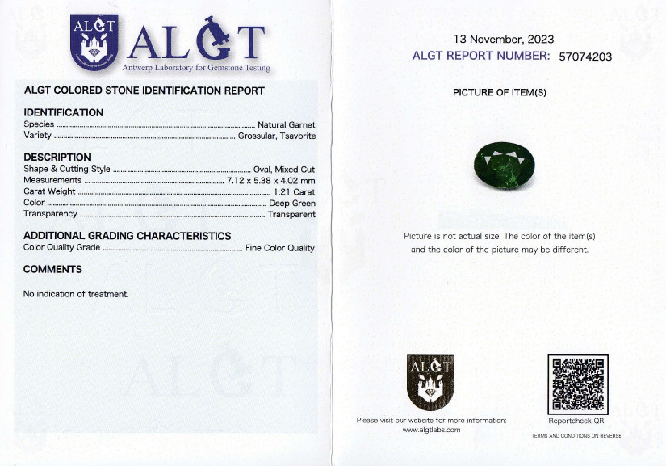 Detail a: Loser facett. Tsavorith, 1.21 ct, oval, Deep Green, transparent, ALGT Expertise anbei