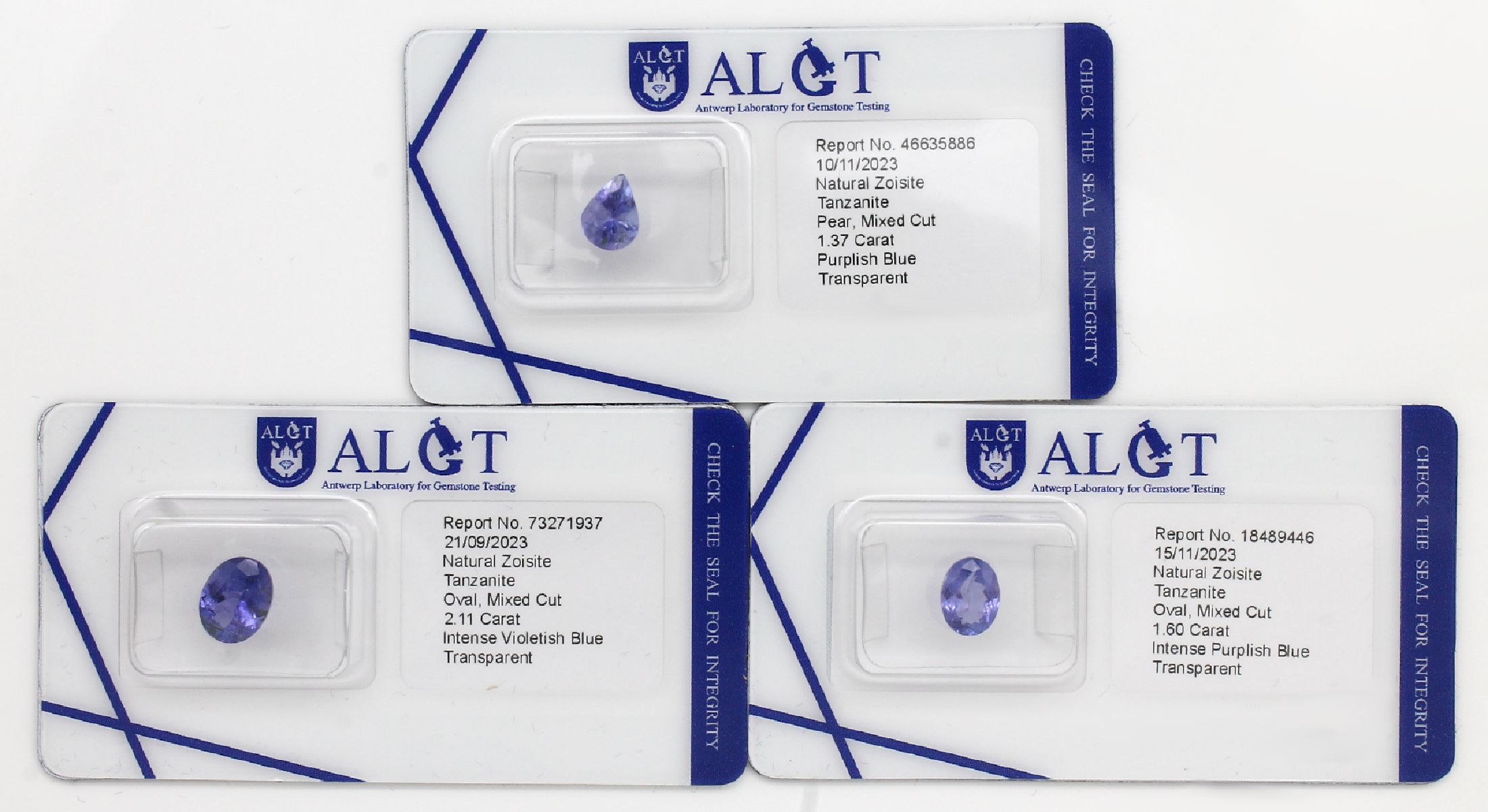 Konvolut 3 lose facett. Tansanite, zus. ca.5.00 ct: 1 x ovalfacett. 2.11 ct, intense Violetish Blue, transparent; 1 x ovalfacett. 1.60 ct, intense ...