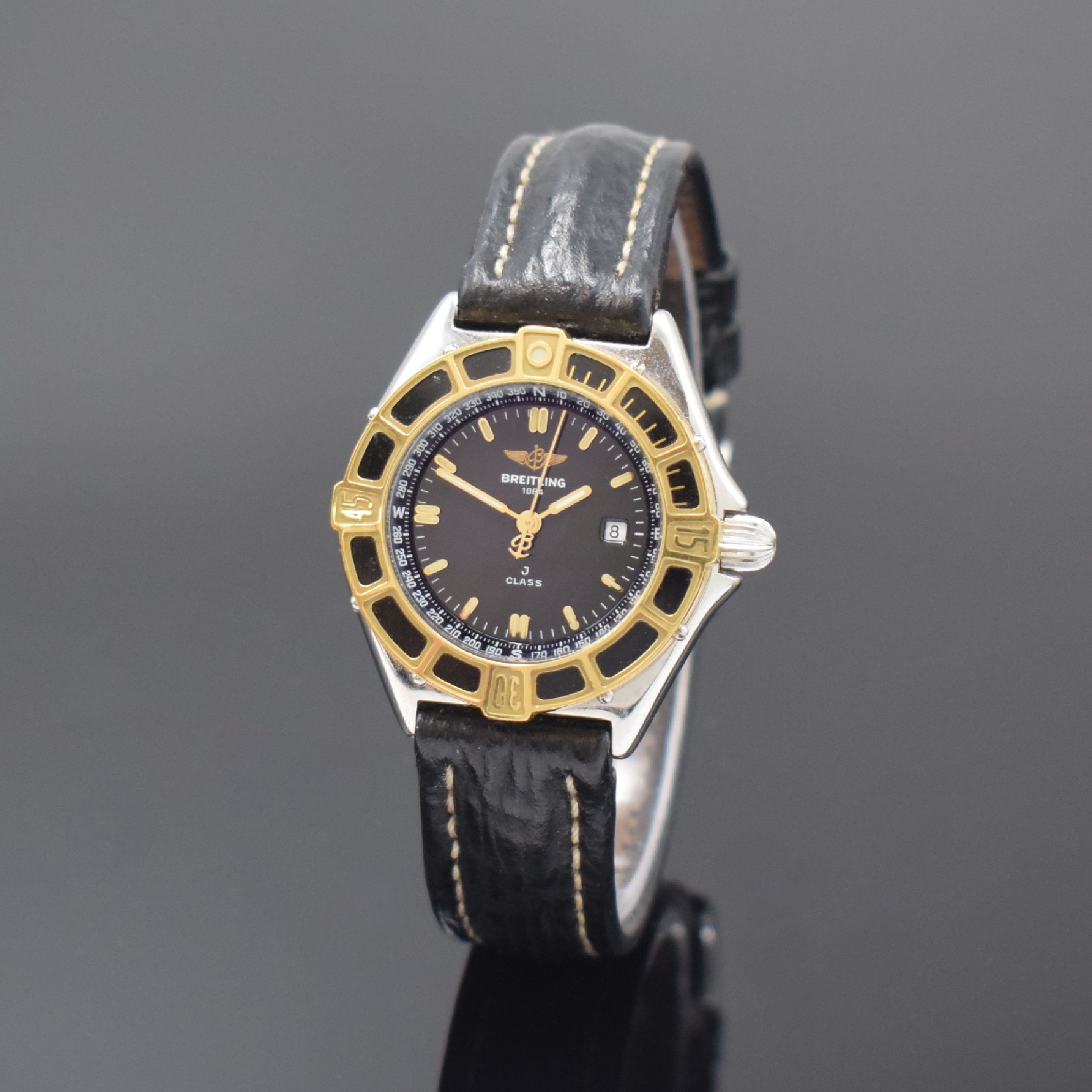 BREITLING J Class Damenarmbanduhr in Stahl, Schweiz um 1990, quarz, orig. Lederband m. Dornschl., Boden u. Krone verschr., Goldlünette eins. drehb., ...
