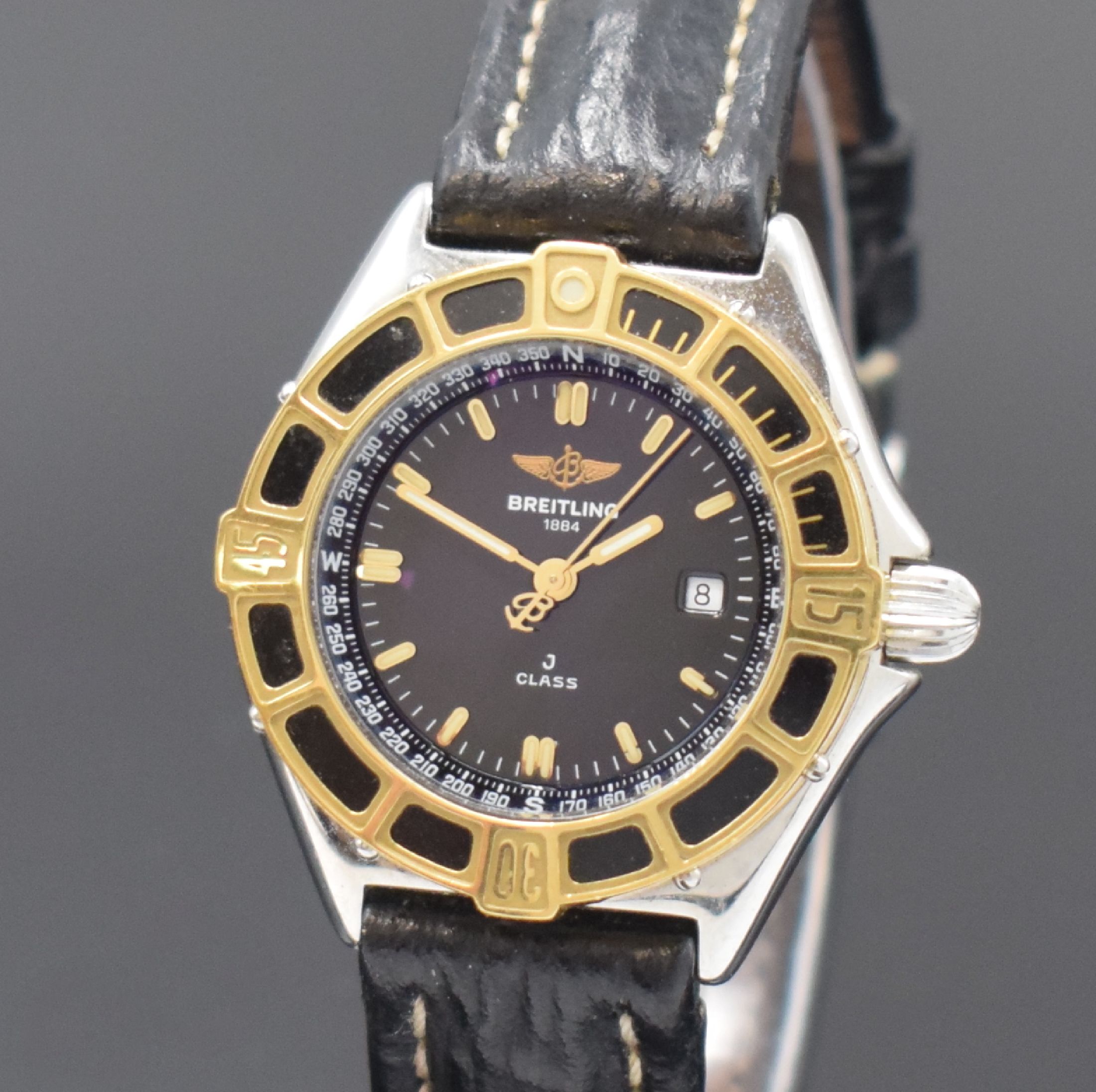 Detail a: BREITLING J Class Damenarmbanduhr in Stahl, Schweiz um 1990, quarz, orig. Lederband m. Dornschl., Boden u. Krone verschr., Goldlünette eins. drehb., ...