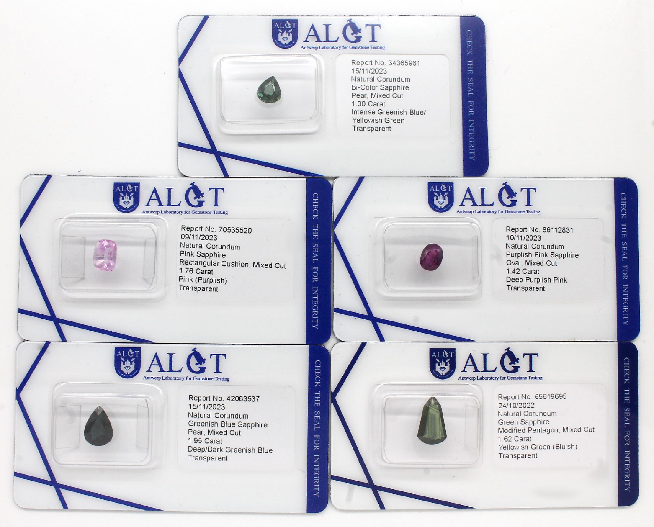 Konvolut 5 lose bunte Saphire zus. ca. 7.01 ct: , 1 x ovalfacett. ca. 1.42 ct, Deep Purplish Pink, transparent; 1 x facett. Rechteck-Kissenschliff ...