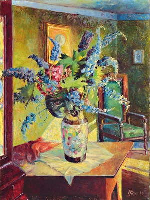 Image 26715962 - F. Ferrer, dated (19)46, Interior with bouquetof flowers in a Chinese vase, oil/canvas, right. below sign., approx. 80x60 cm, R.approx. 98x77cm