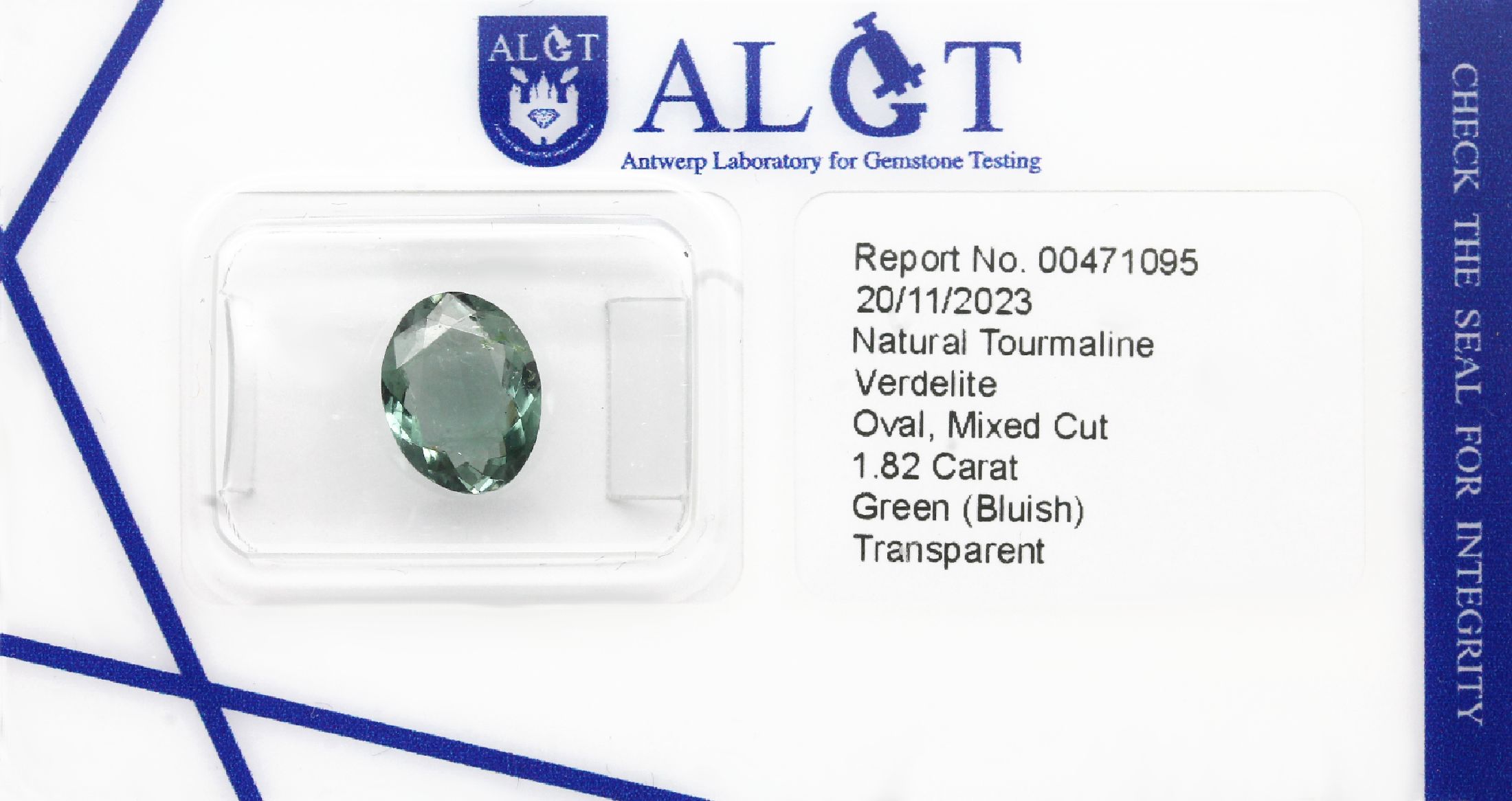 Loser facett. Turmalin, 1.82 ct, oval, Verdelith, Green (Bluish), transparent, ALGT Expertise anbei