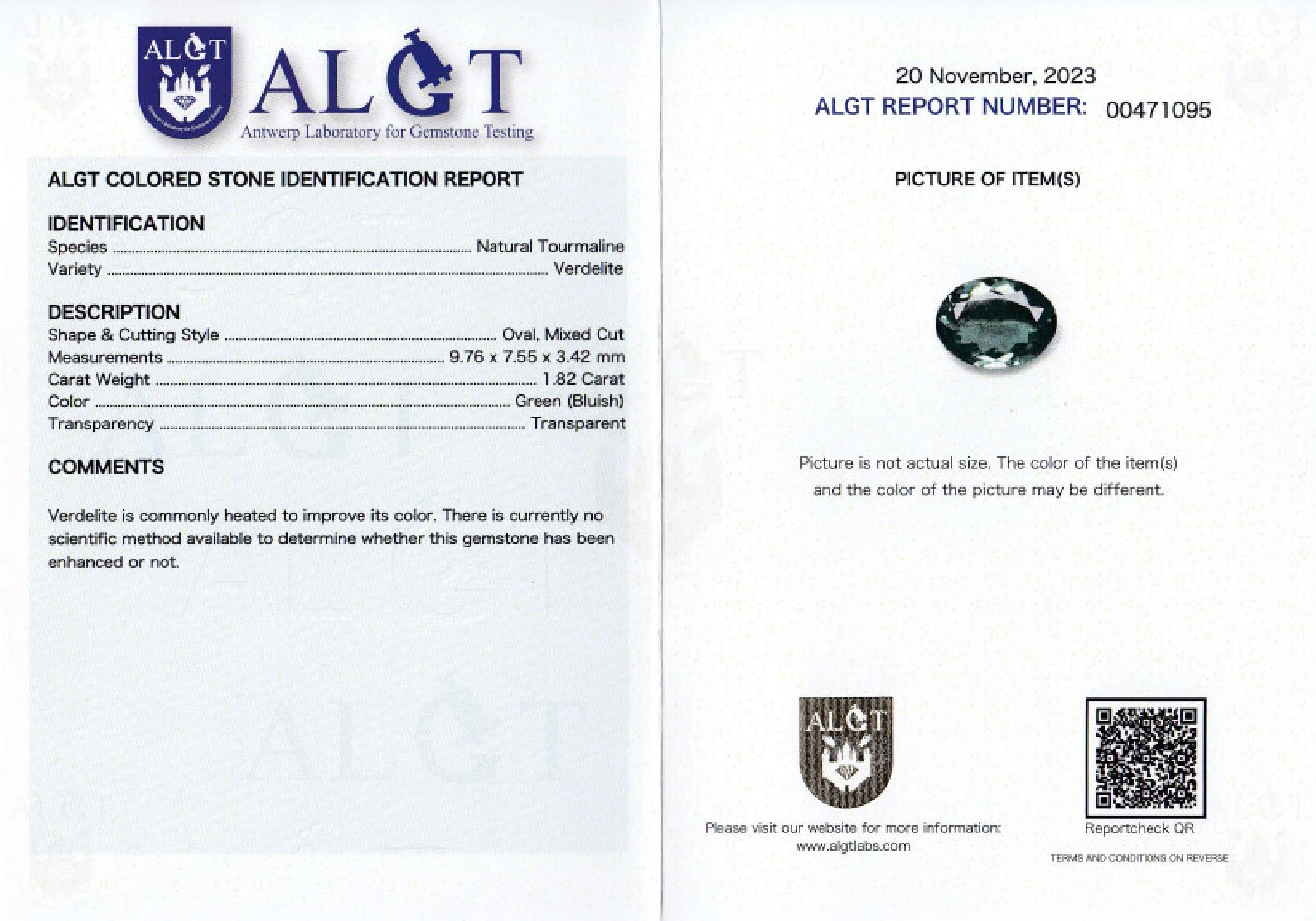 Detail a: Loser facett. Turmalin, 1.82 ct, oval, Verdelith, Green (Bluish), transparent, ALGT Expertise anbei