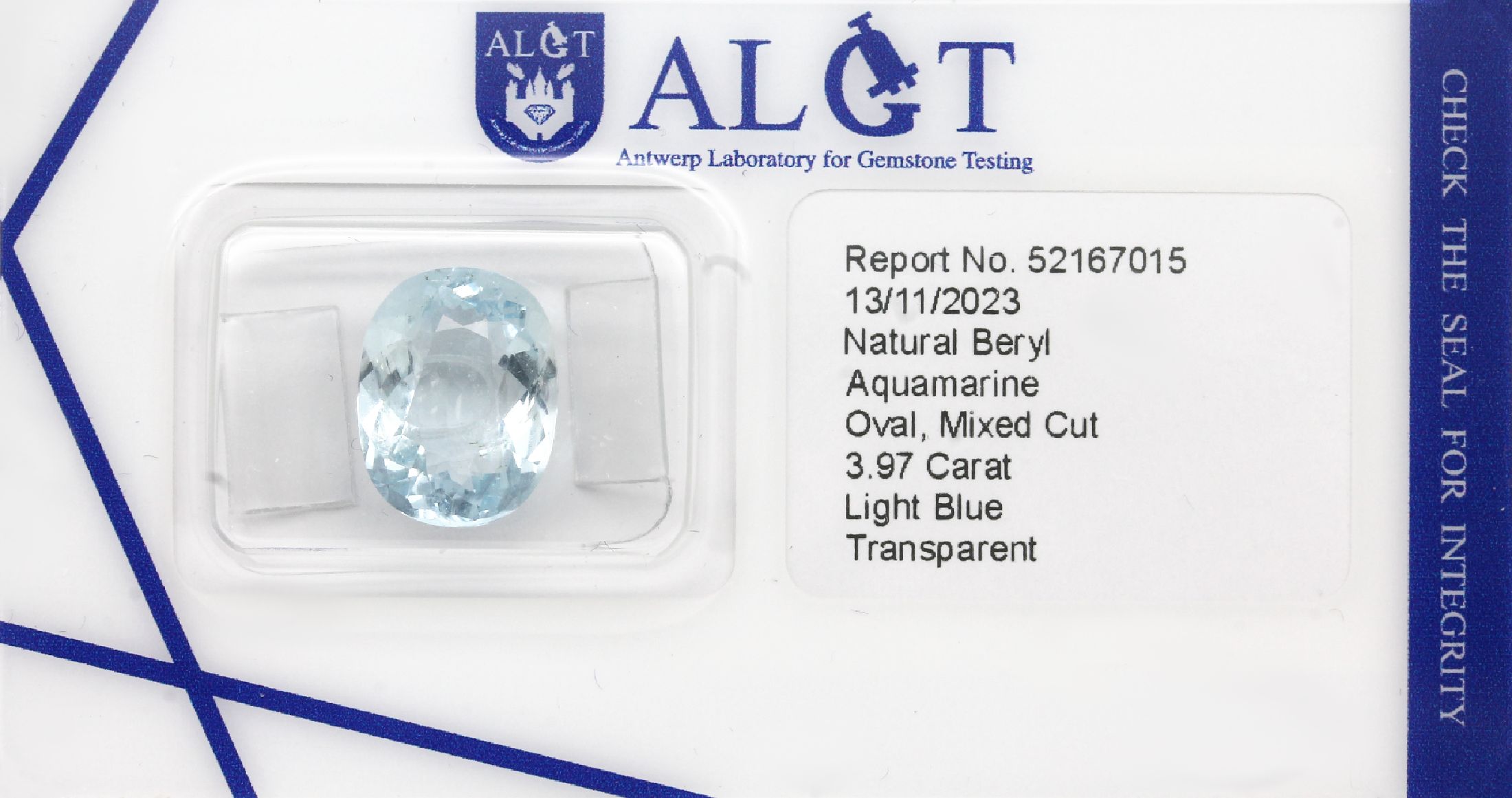 Loser facett. Aquamarin, 3.97 ct, oval, light Blue, transparent, ALGT Expertise anbei