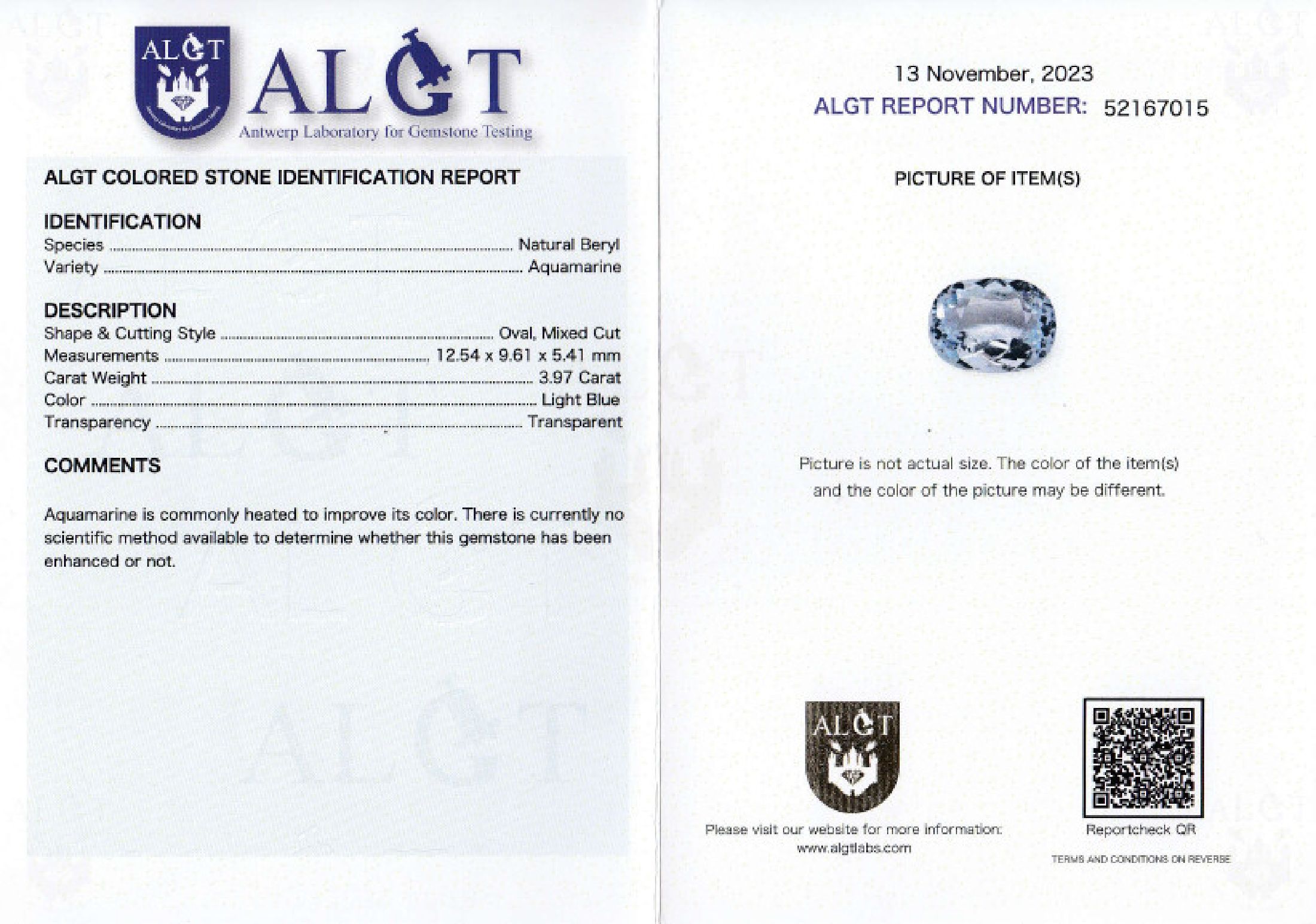 Detail a: Loser facett. Aquamarin, 3.97 ct, oval, light Blue, transparent, ALGT Expertise anbei