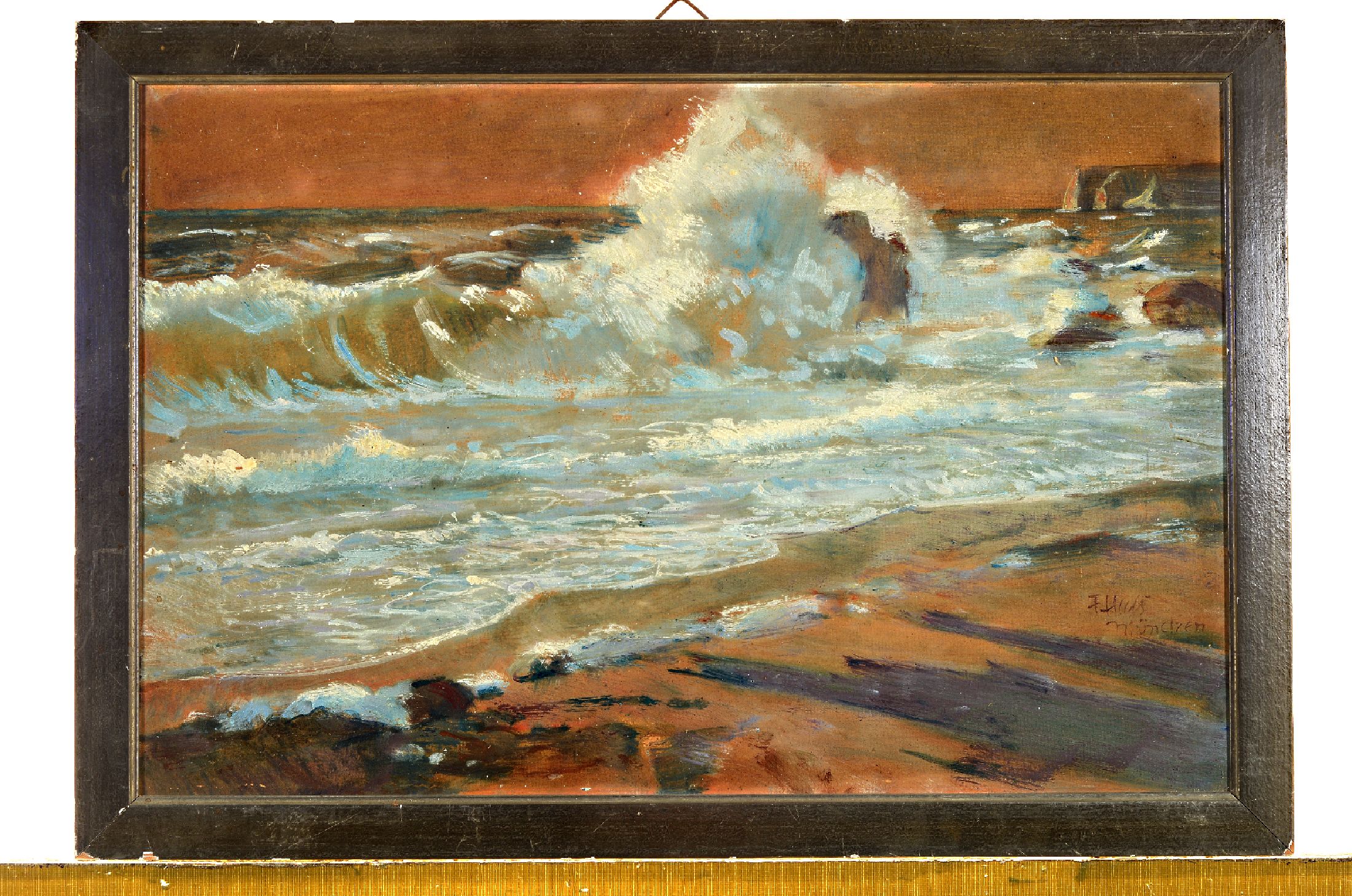 Fritz Haß, 1864 Heiligenbad-1930 Lugano, Brandung, Öl/Holz, rechts unten signiert und bez. München, ca. 36x54cm, R. ca. 40.5x 59cm