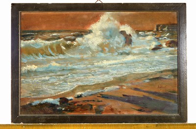 Image 26716076 - Fritz Haß, 1864 Heiligenbad-1930 Lugano, surf,oil/wood, signed and inscribed lower right Munich, approx. 36x54cm, frame approx. 40.5x 59cm