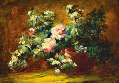 Image 26716081 - Margarethe Rosenboom, 1843 The Hague-1896 Voorburg, still life with roses and cherry blossoms in a copper vessel, oil/canvas, rest., doubled, signed lower right, approx. 30x45cm, frame approx. 45x58cm, she was the granddaughter of the painter Andreas Schelfhout, was honored at the world exhibitions in Vienna in 1873 and in Chicago in 1893, and is represented in numerous Dutch museums