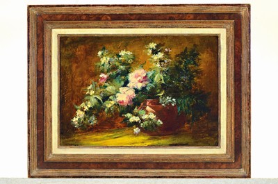 26716081k - Margarethe Rosenboom, 1843 The Hague-1896 Voorburg, still life with roses and cherry blossoms in a copper vessel, oil/canvas, rest., doubled, signed lower right, approx. 30x45cm, frame approx. 45x58cm, she was the granddaughter of the painter Andreas Schelfhout, was honored at the world exhibitions in Vienna in 1873 and in Chicago in 1893, and is represented in numerous Dutch museums