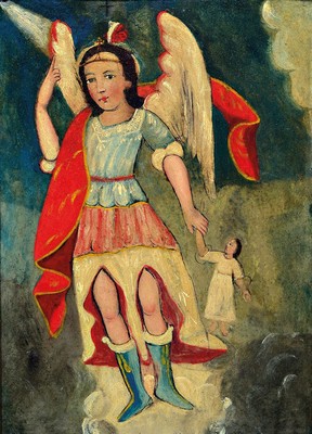 Image 26716088 - Votivbild des 19. Jahrhunderts, Engel fährt gen Himmel mit einem Kind an der Hand, Öl/Metallplatte, ca. 35x25cm, R. ca. 42x33cm