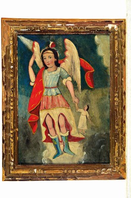 26716088k - Votivbild des 19. Jahrhunderts, Engel fährt gen Himmel mit einem Kind an der Hand, Öl/Metallplatte, ca. 35x25cm, R. ca. 42x33cm