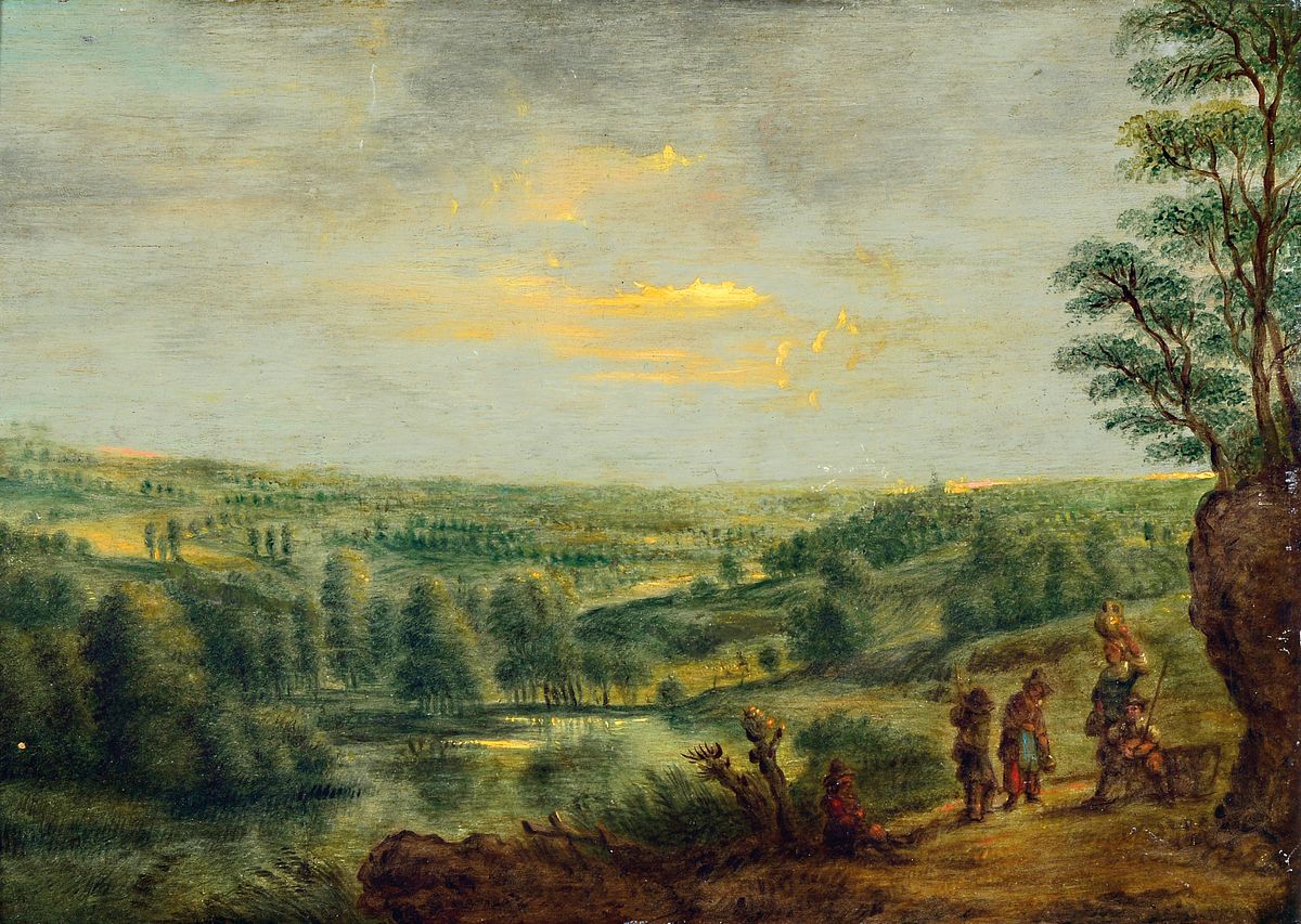 Unbekannter Maler, um 1700, Personen vor weiter, bewaldeter, Hügellandschaft, Öl/Holzplatte, ca. 23x33.5 cm, l.Alterssp., Rahmen ca. 36.5x46 cm