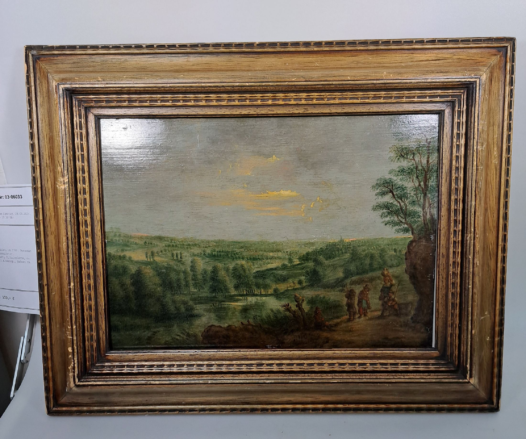 Detail a: Unbekannter Maler, um 1700, Personen vor weiter, bewaldeter, Hügellandschaft, Öl/Holzplatte, ca. 23x33.5 cm, l.Alterssp., Rahmen ca. 36.5x46 cm