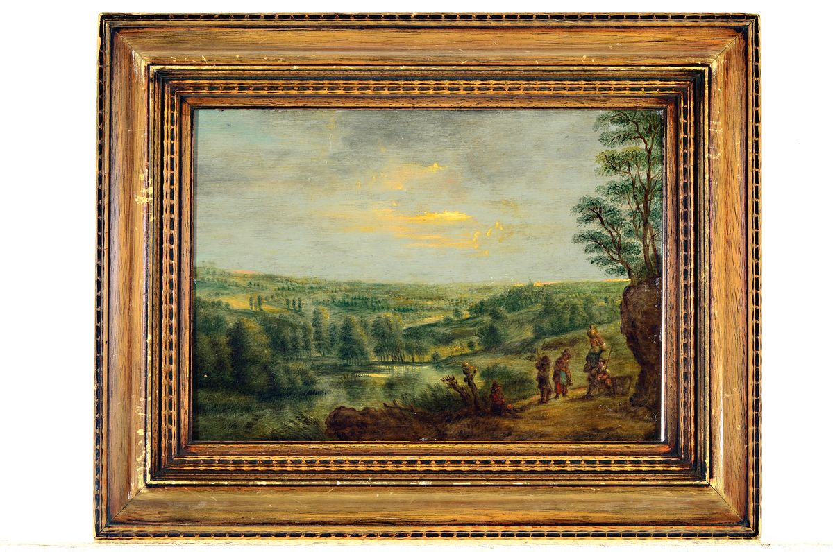 Detail k: Unbekannter Maler, um 1700, Personen vor weiter, bewaldeter, Hügellandschaft, Öl/Holzplatte, ca. 23x33.5 cm, l.Alterssp., Rahmen ca. 36.5x46 cm