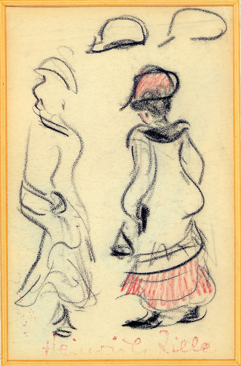 Heinrich Zille, 1858 Radeburg-1929 Berlin, zwei Damen im Gespräch, Zeichnung in Rot und Schwarz, mit rotem Nachlaßstempel unten, ca. 17x11.5cm, PP, ...