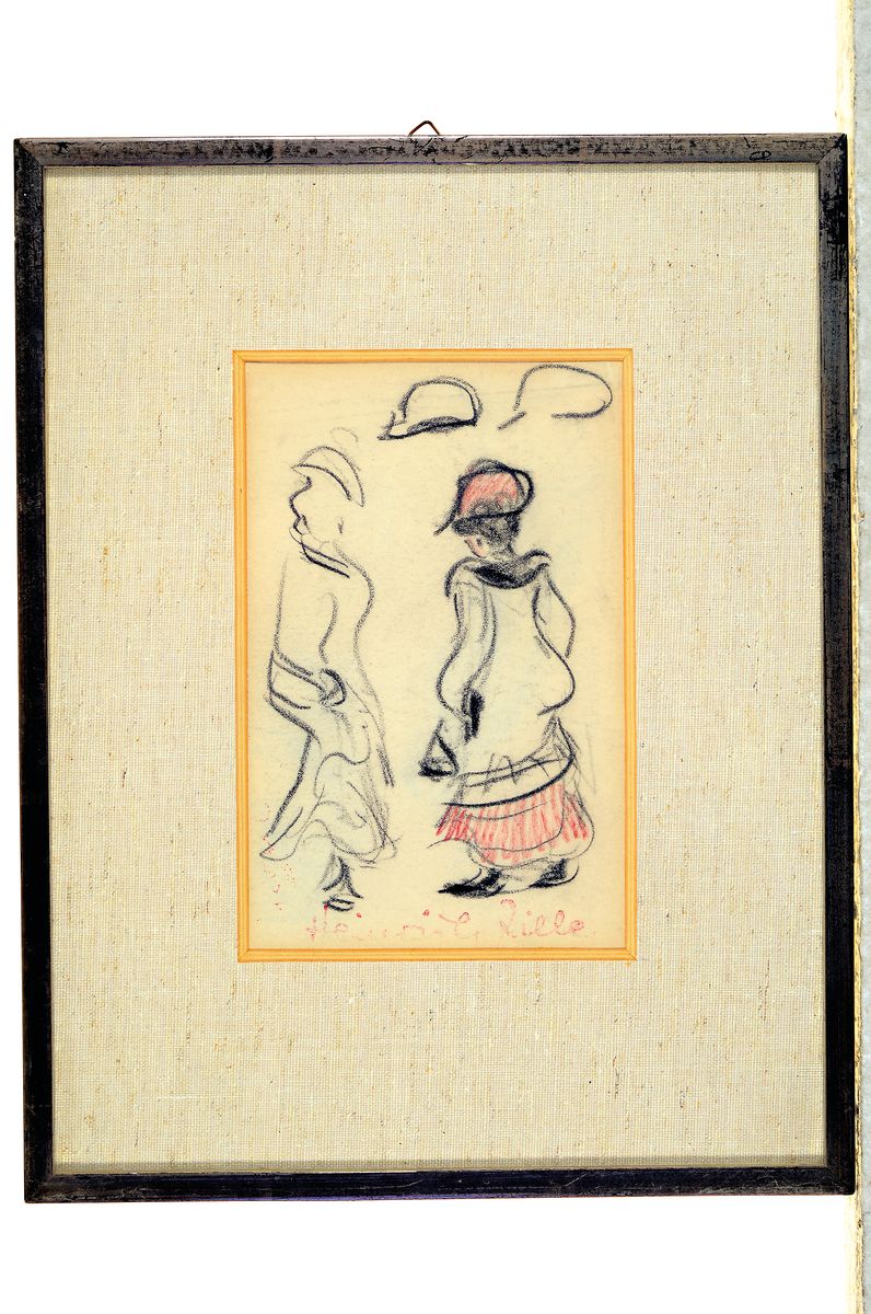 Detail k: Heinrich Zille, 1858 Radeburg-1929 Berlin, zwei Damen im Gespräch, Zeichnung in Rot und Schwarz, mit rotem Nachlaßstempel unten, ca. 17x11.5cm, PP, ...
