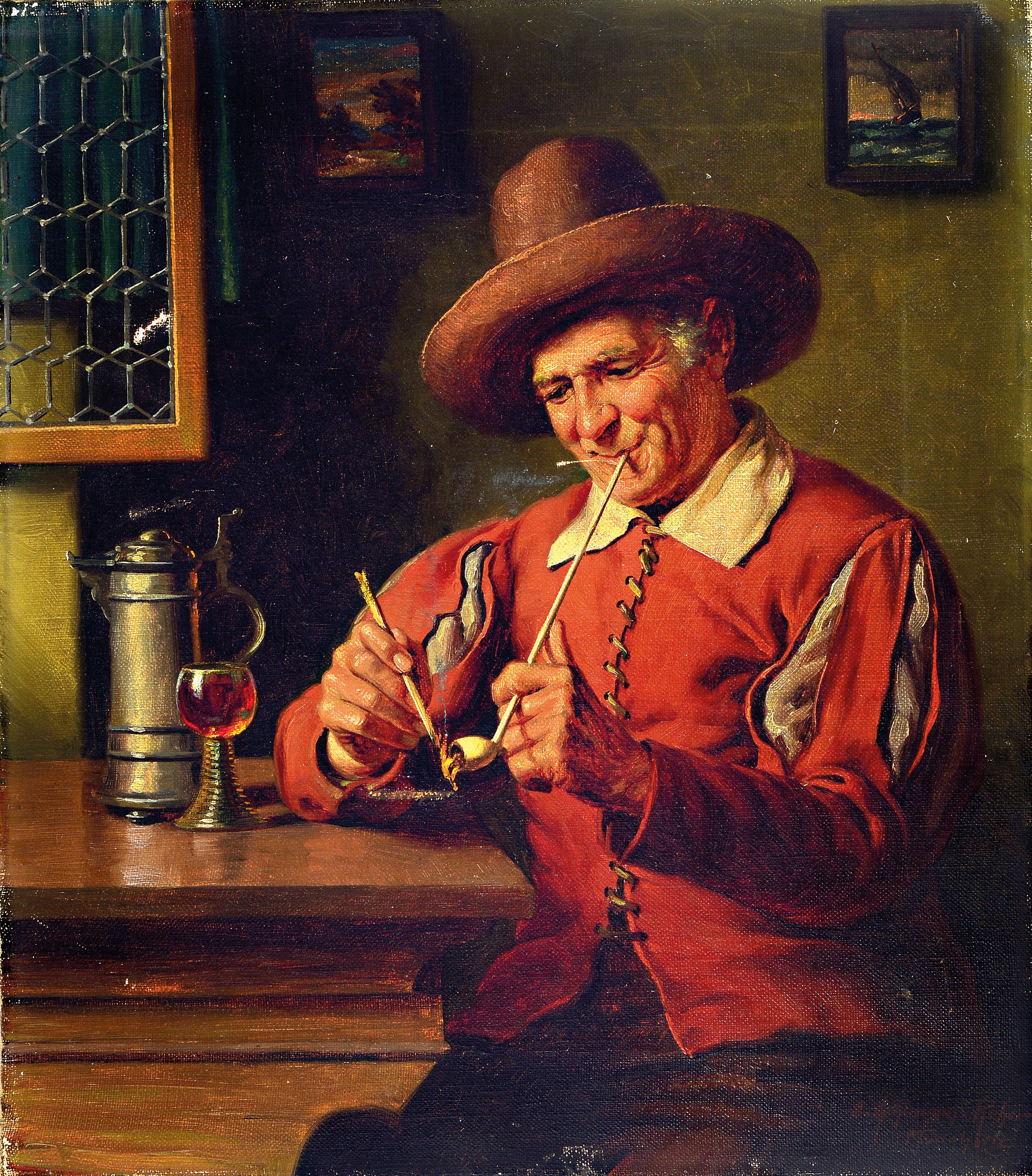Emil Kuhlmann-Reher, 1886-1957, Pfeifenraucher in der Stube mit Zinndeckelkanne u. Rotweinglas, Öl/Lwd., mehrere kleine Leinwandschäden, ca. 40x35cm