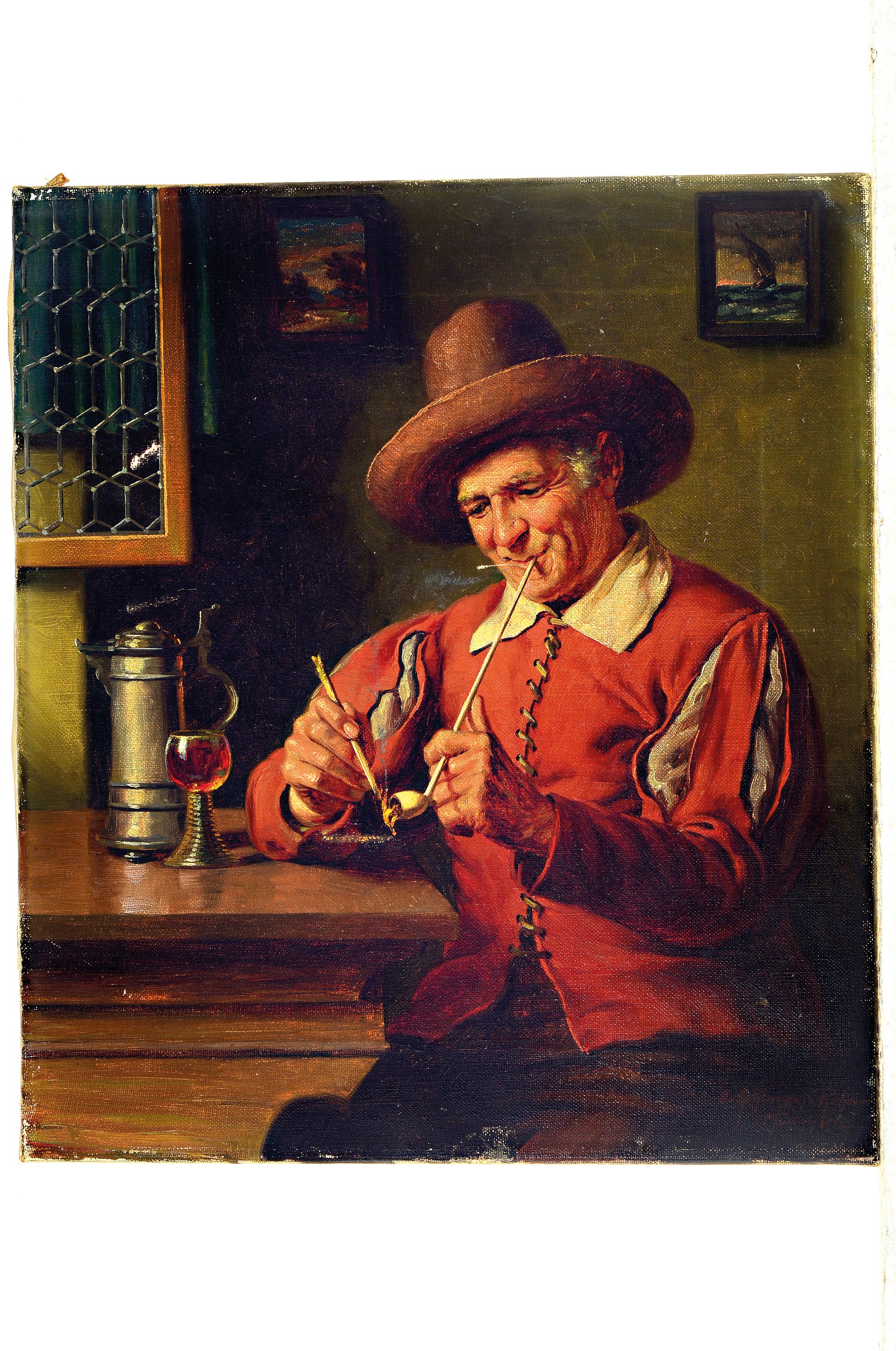 Detail k: Emil Kuhlmann-Reher, 1886-1957, Pfeifenraucher in der Stube mit Zinndeckelkanne u. Rotweinglas, Öl/Lwd., mehrere kleine Leinwandschäden, ca. 40x35cm