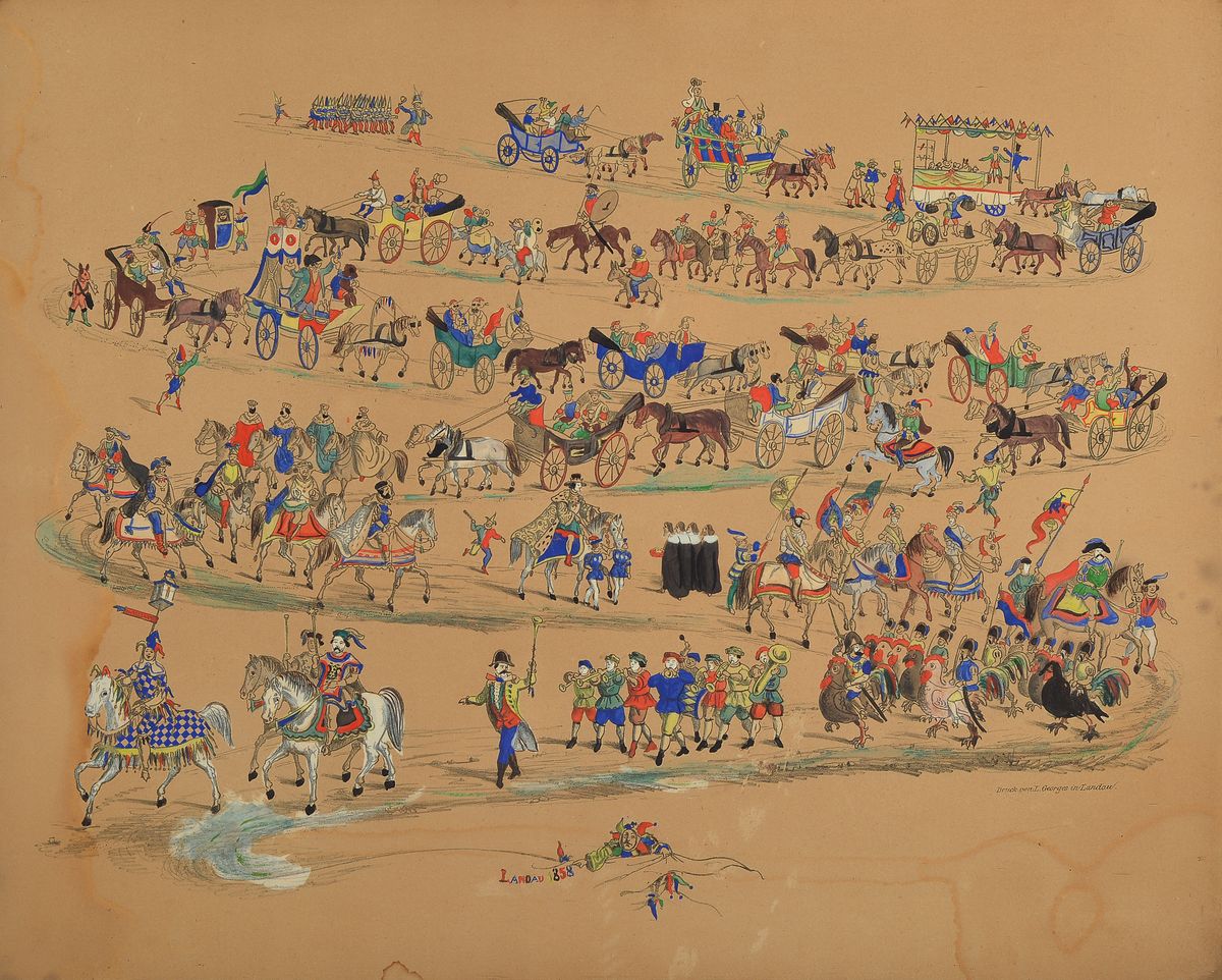 Darstellung des ersten Karneval- Festzuges, 1858, lithographiert und bunt ausgemalt, sehr umfangreiche Darstellung mit perspektivischer Tiefe, ...