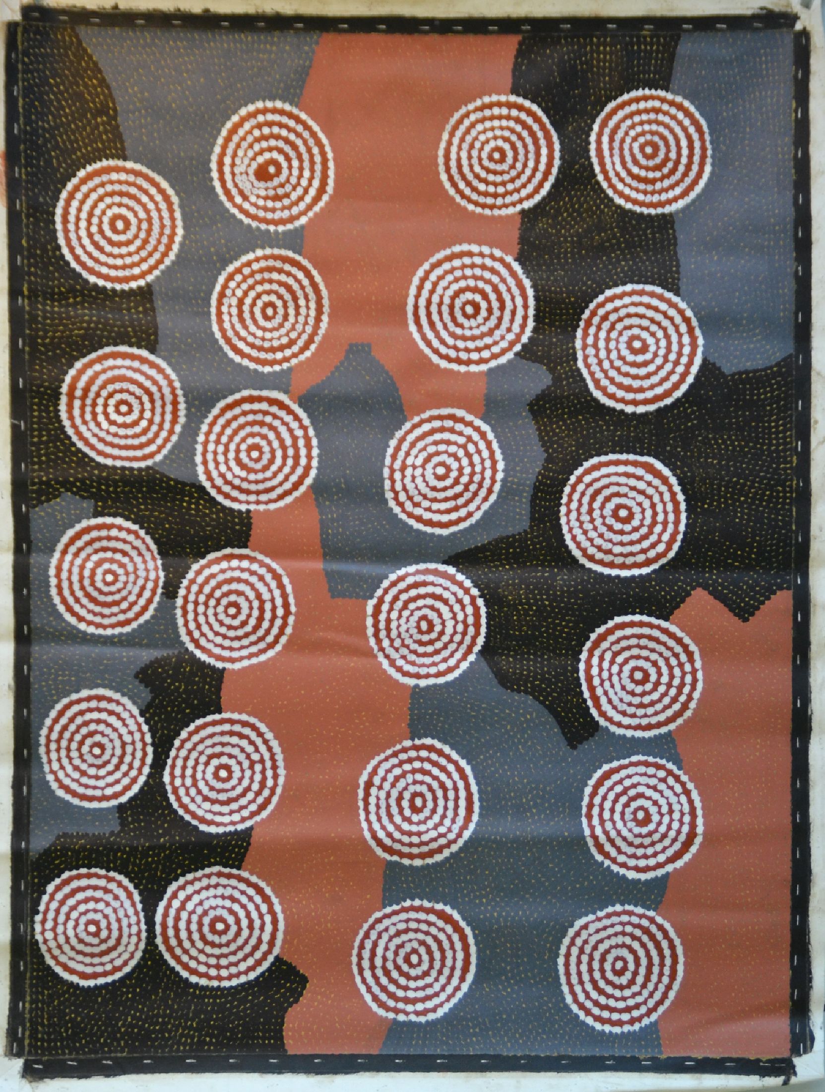 Billy Stockman Tjapaltjarri, 1927-2015, Australien, Aborigine-Künstler der Anmatyerre,Farbfelder in Punktmalerei, Acryl/Lwd, ca. 127x97 cm, ...