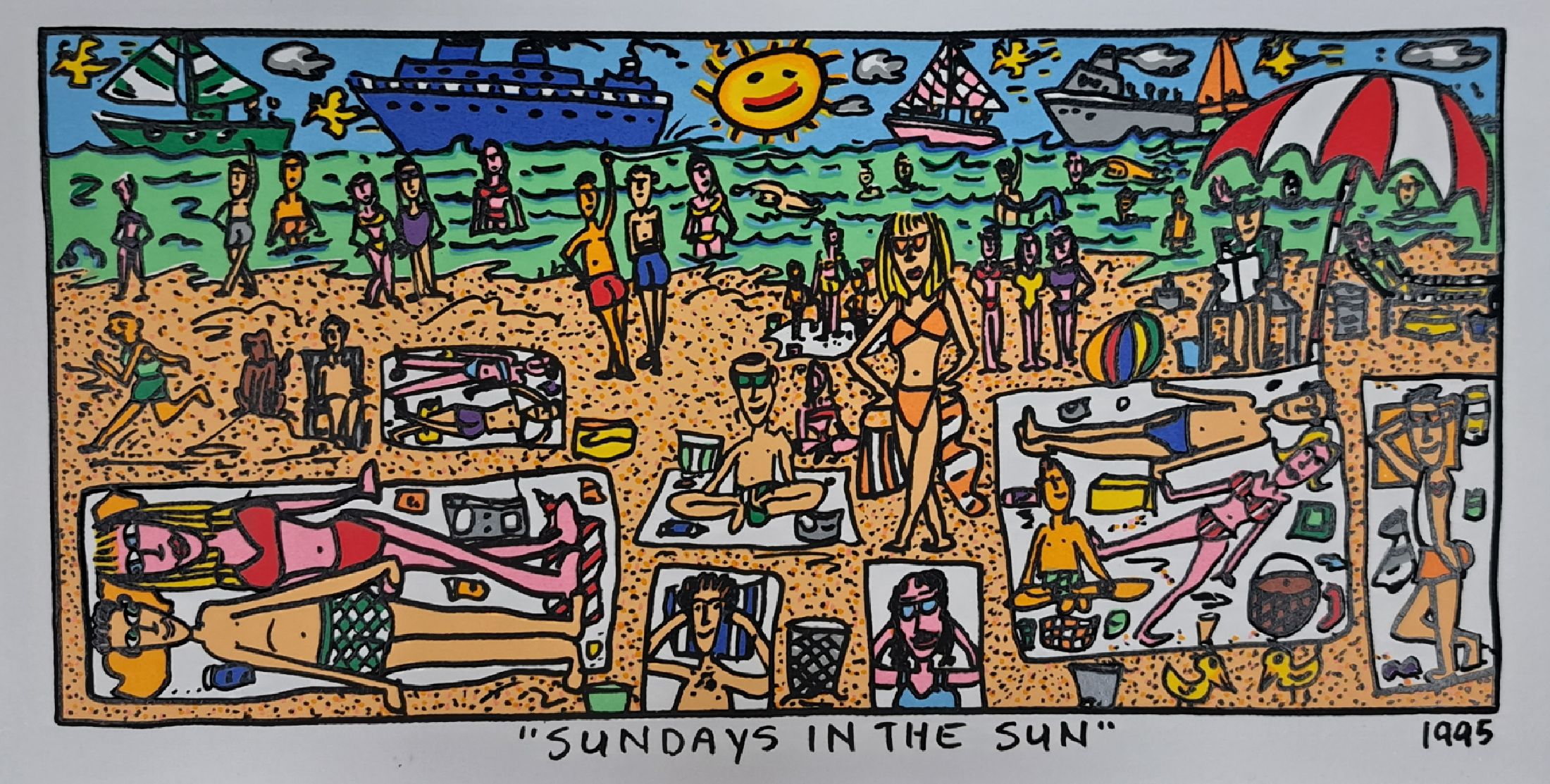 James Rizzi, 1950-2011, "Sunday in the Sun", Lithografie, dat. 1995, unter Glas, gesamt ca. 27,5x44 cm