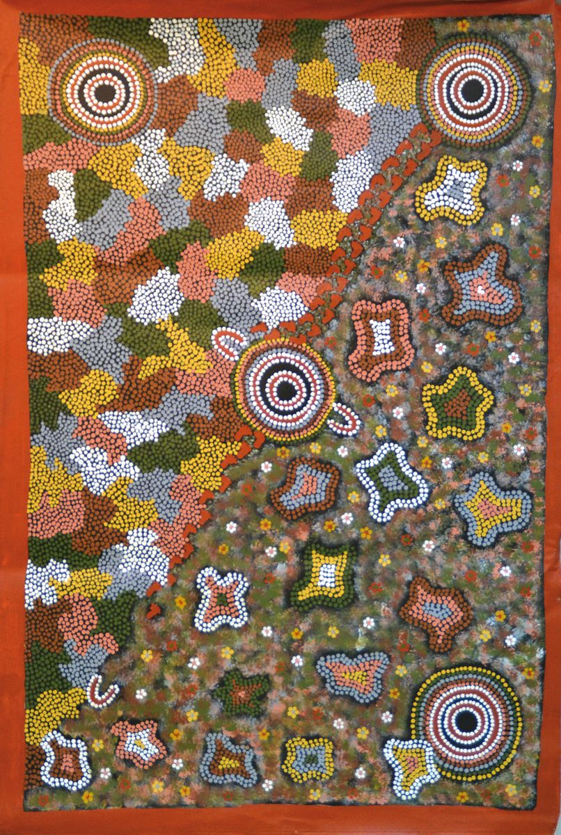Young Timothy Dempsey Tjungurrayi, 1942-2000 Australien, Aborigine-Künstler, Punktmalerei, floral-erdverbundene Motivik, "Womens Dancing ...