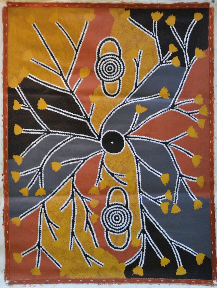 Billy Stockman Tjapaltjarri, 1927-2015, Australien, Aborigine-Künstler der Anmatyerre, vegetative Komposition, Acryl/Lwd, ca. 125x98 cm ungerahmte ...
