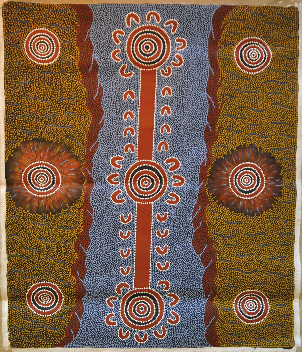 Norah Nelson Napaljarri, geb. 1956 Haasts Bluff, Australien, Aborigine-Künstlerin der Warlpiri, Punktmalerei, Acryl/Lwd, ca. 127x110 cm , ungerahmte ...
