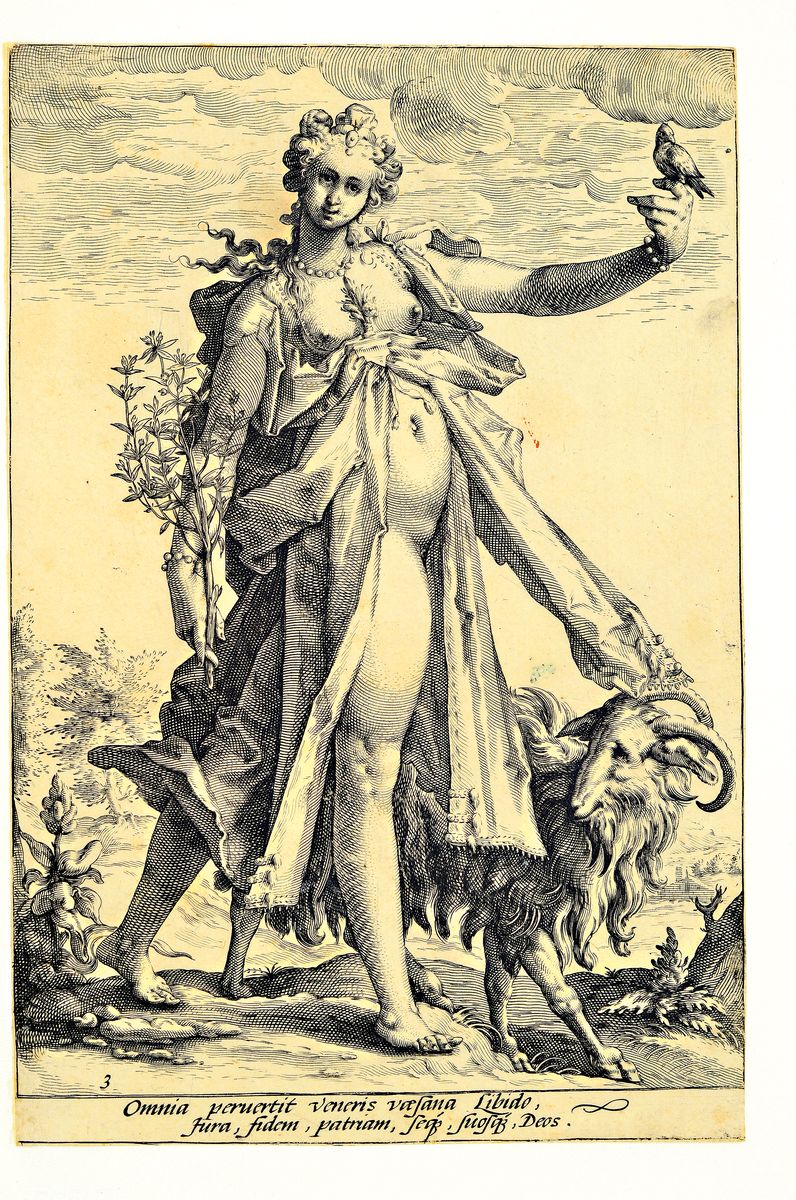 Detail a: Die sieben Todsünden, Kupferstiche nach Hendrick Goltzius (1558 Mühlbrecht-1617 Haarlem), Hochmut, Völlerei, Wollust, Zorn, Neid, Habgier und ...