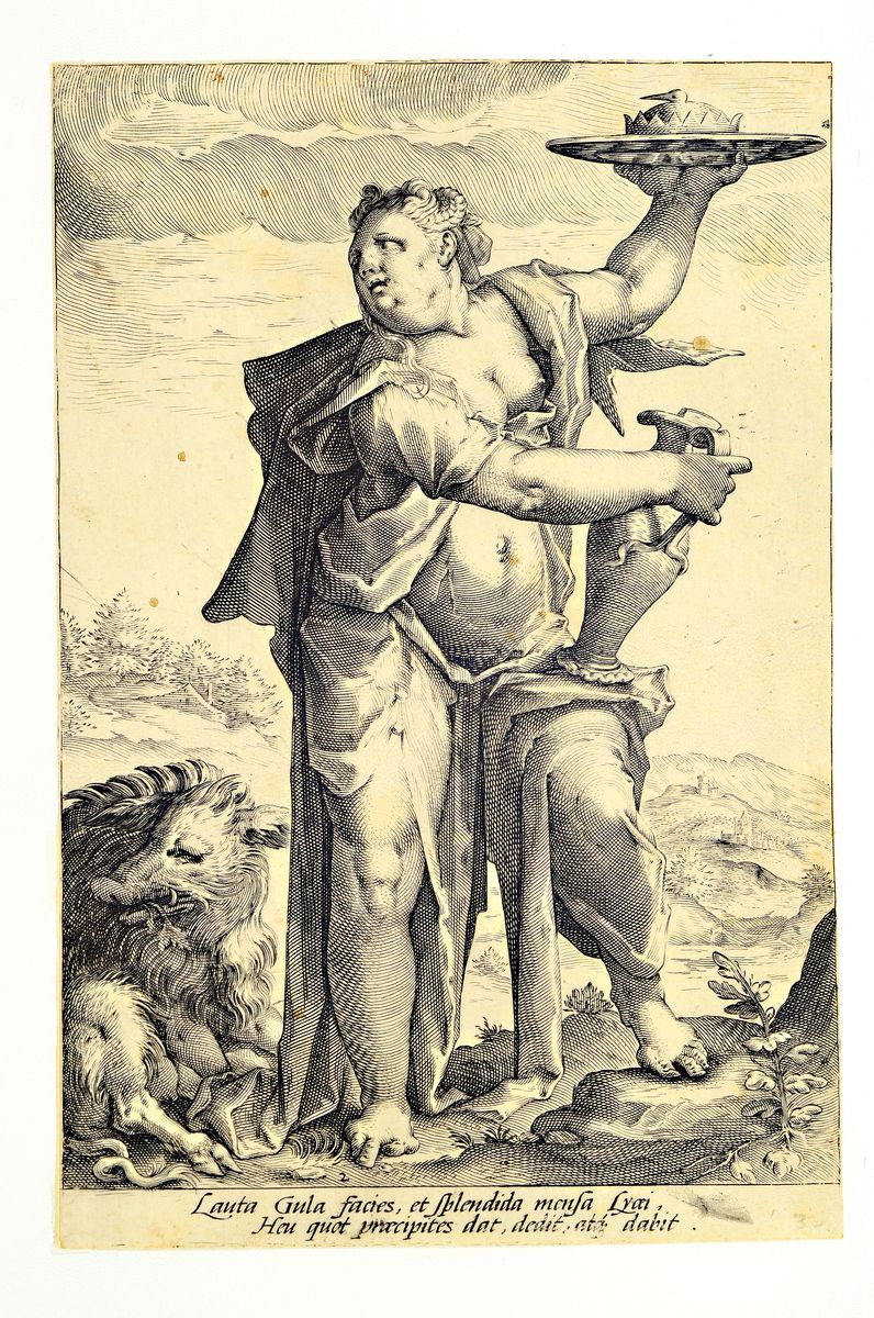 Detail m: Die sieben Todsünden, Kupferstiche nach Hendrick Goltzius (1558 Mühlbrecht-1617 Haarlem), Hochmut, Völlerei, Wollust, Zorn, Neid, Habgier und ...