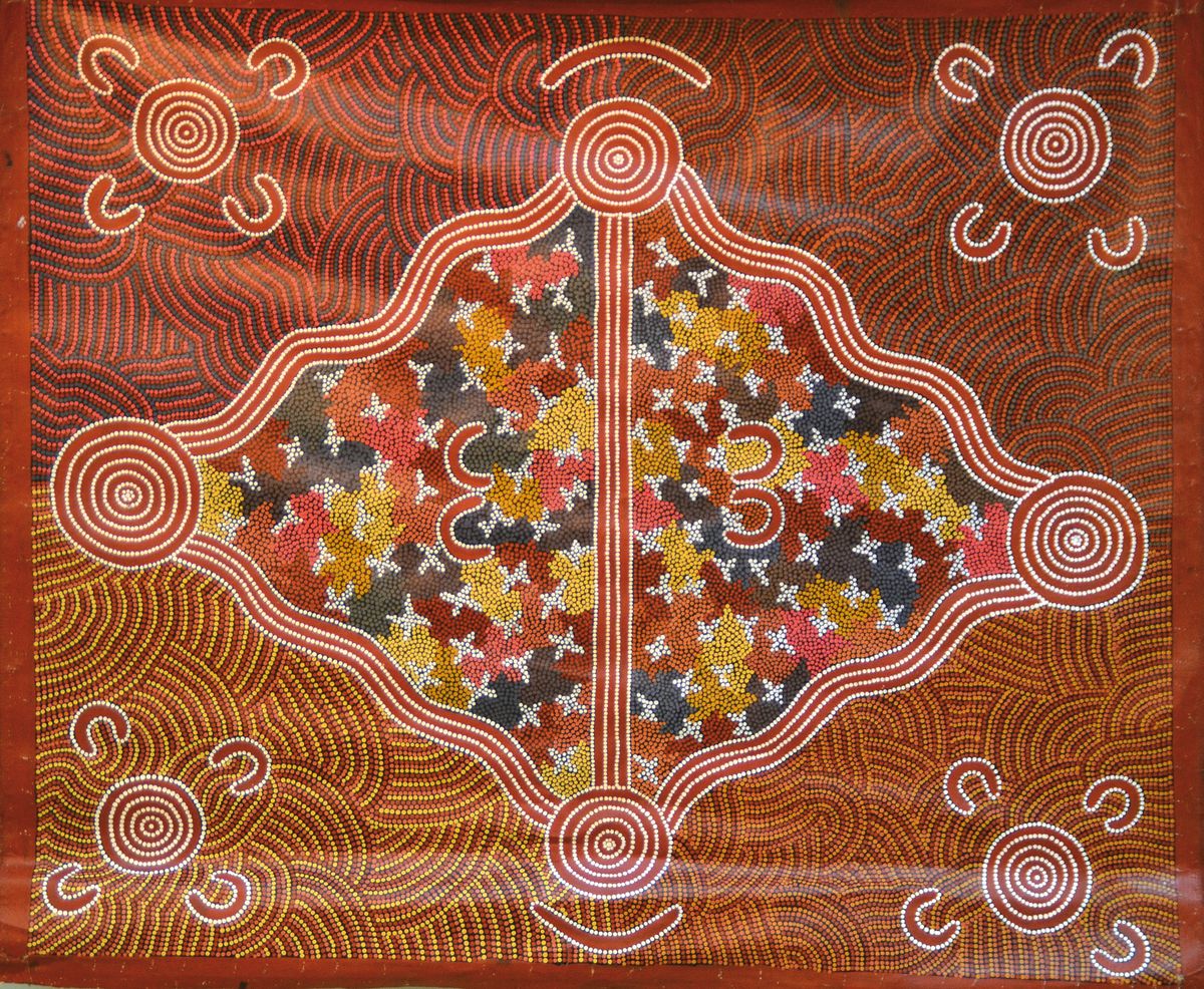 Ted Egan Jangala, 1940-2011, Australien, Aborigine-Künstler, organische Punktmalerei, Acryl/Lwd, ungerahmt, l. knickfaltig, verso signiert, ca. ...