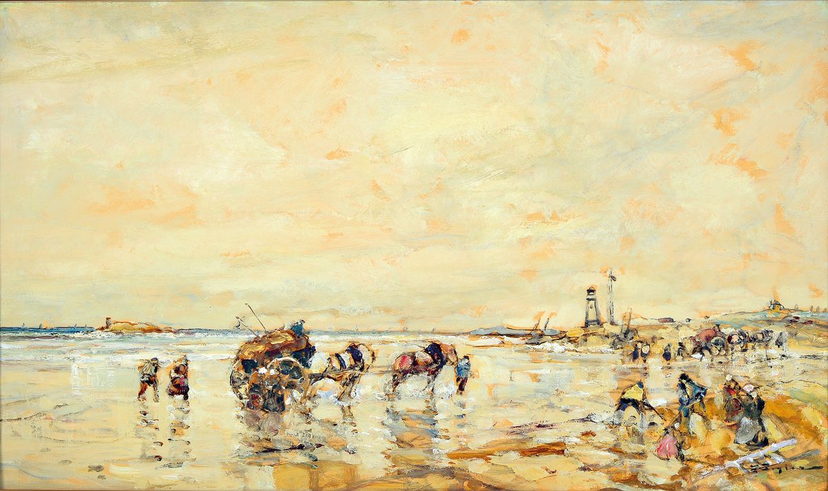 Julius Seyler, 1873-1955 München, Krevettenfischer am Strand, Öl/Malkarton, impressionistische Auffassung, rechts unten signiert, ca. 39x68cm, ...