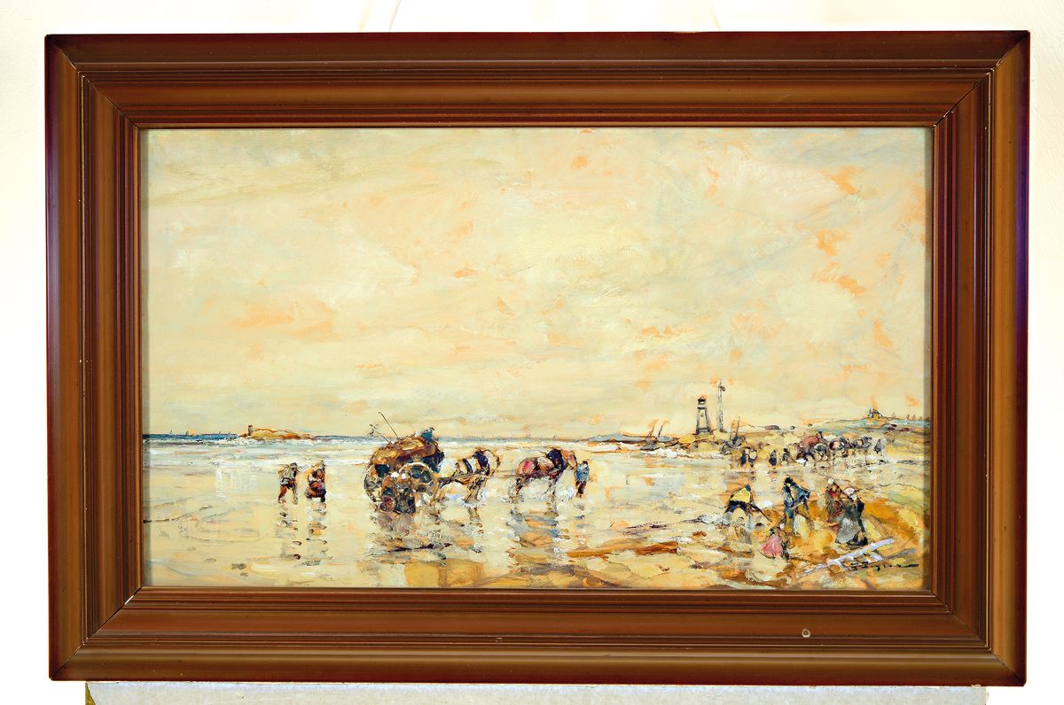 Detail k: Julius Seyler, 1873-1955 München, Krevettenfischer am Strand, Öl/Malkarton, impressionistische Auffassung, rechts unten signiert, ca. 39x68cm, ...