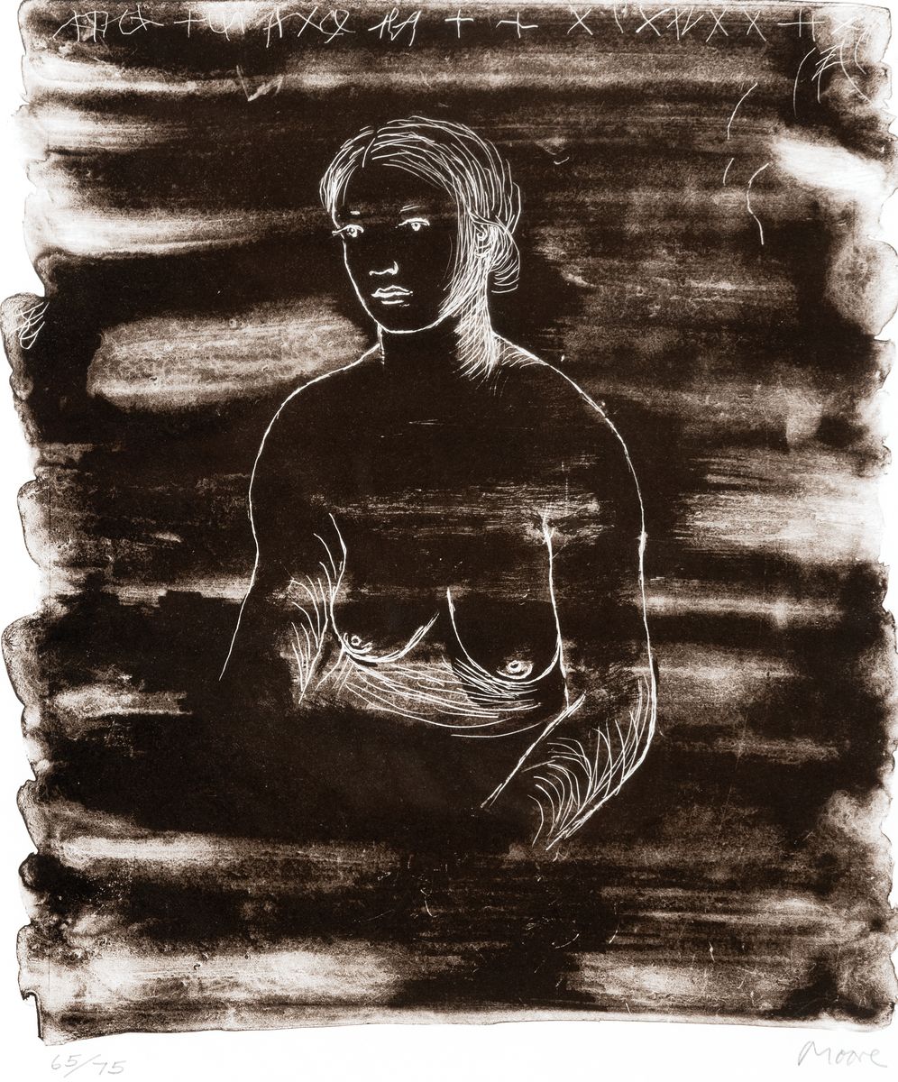 Henry Moore, 1898 - 1986, UK, Lithographie, "seating woman", 1974, re. oben erkennt man den mit strichen ausgeführten Kopf des Künstlers ...