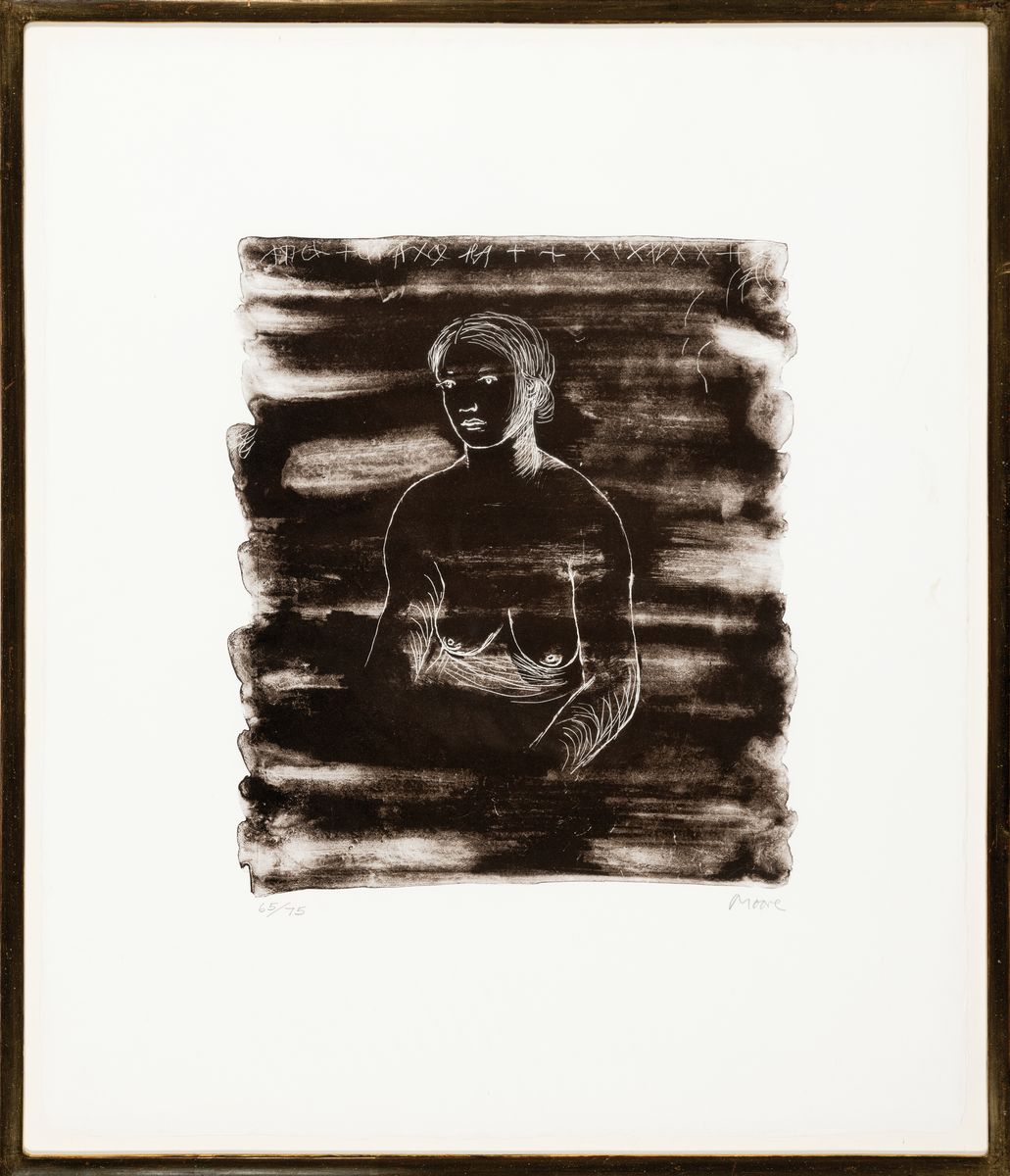 Detail k: Henry Moore, 1898 - 1986, UK, Lithographie, "seating woman", 1974, re. oben erkennt man den mit strichen ausgeführten Kopf des Künstlers ...