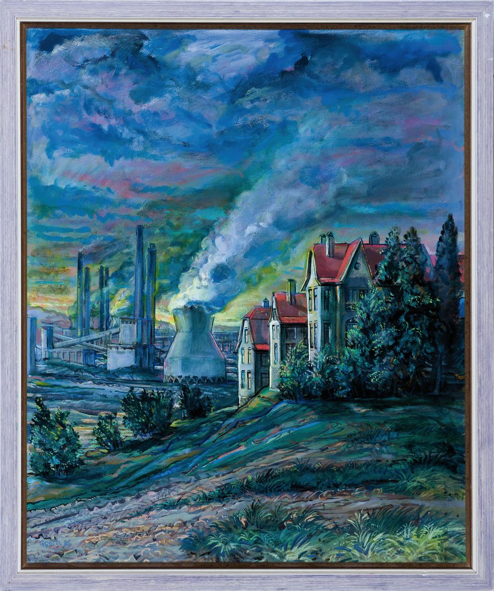 Detail k: Helmut Goettl, 1934 Decin-2011, Industrielandschaft, Öl/Hartfaser, links unten signiert, ca. 54x44cm, R. ca. 58x49cm, er studierte bei Rudolf ...